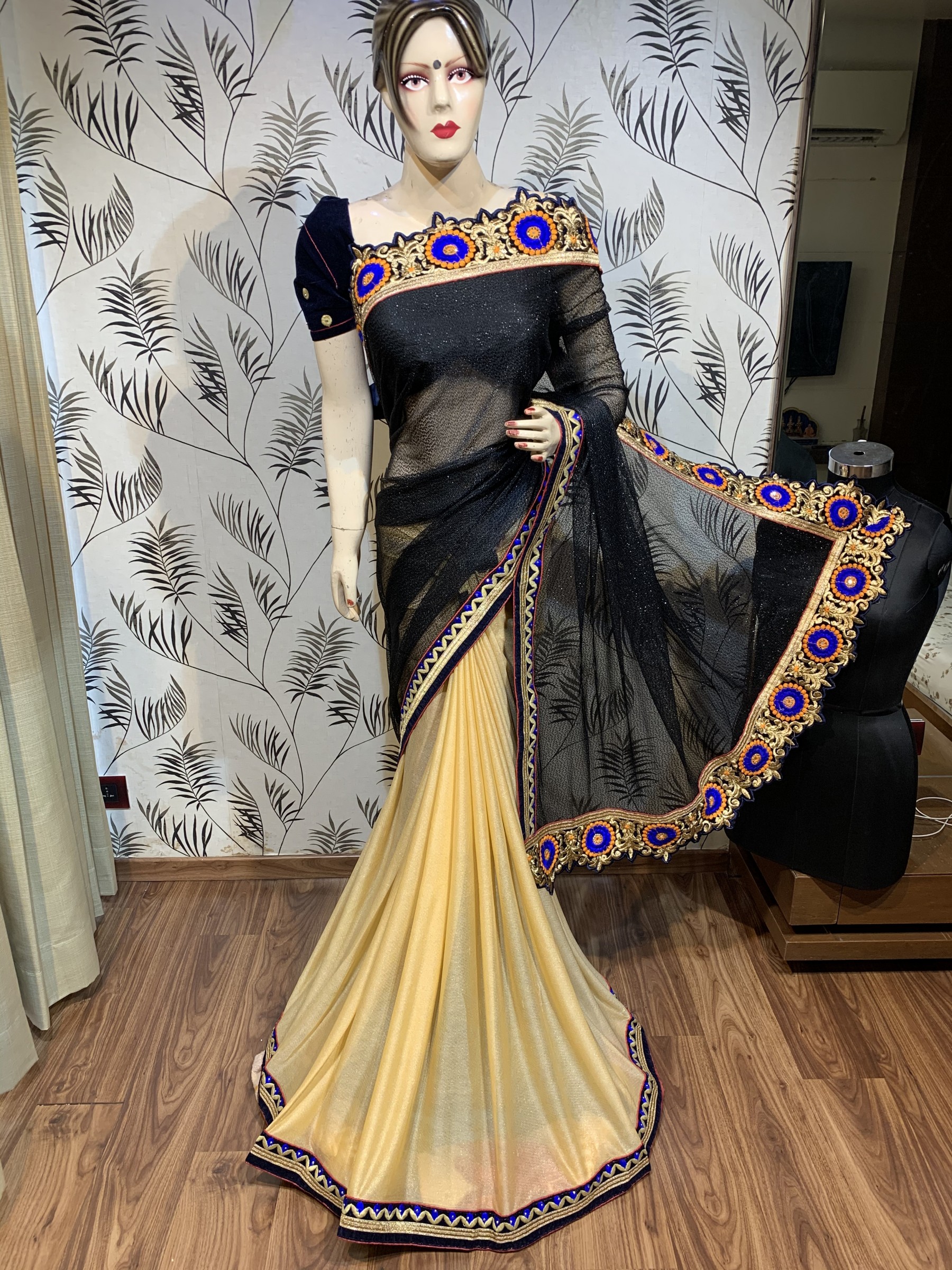 Killer SIlk Party Wear Saree In Black With Embroidery Work & Crystal stone work