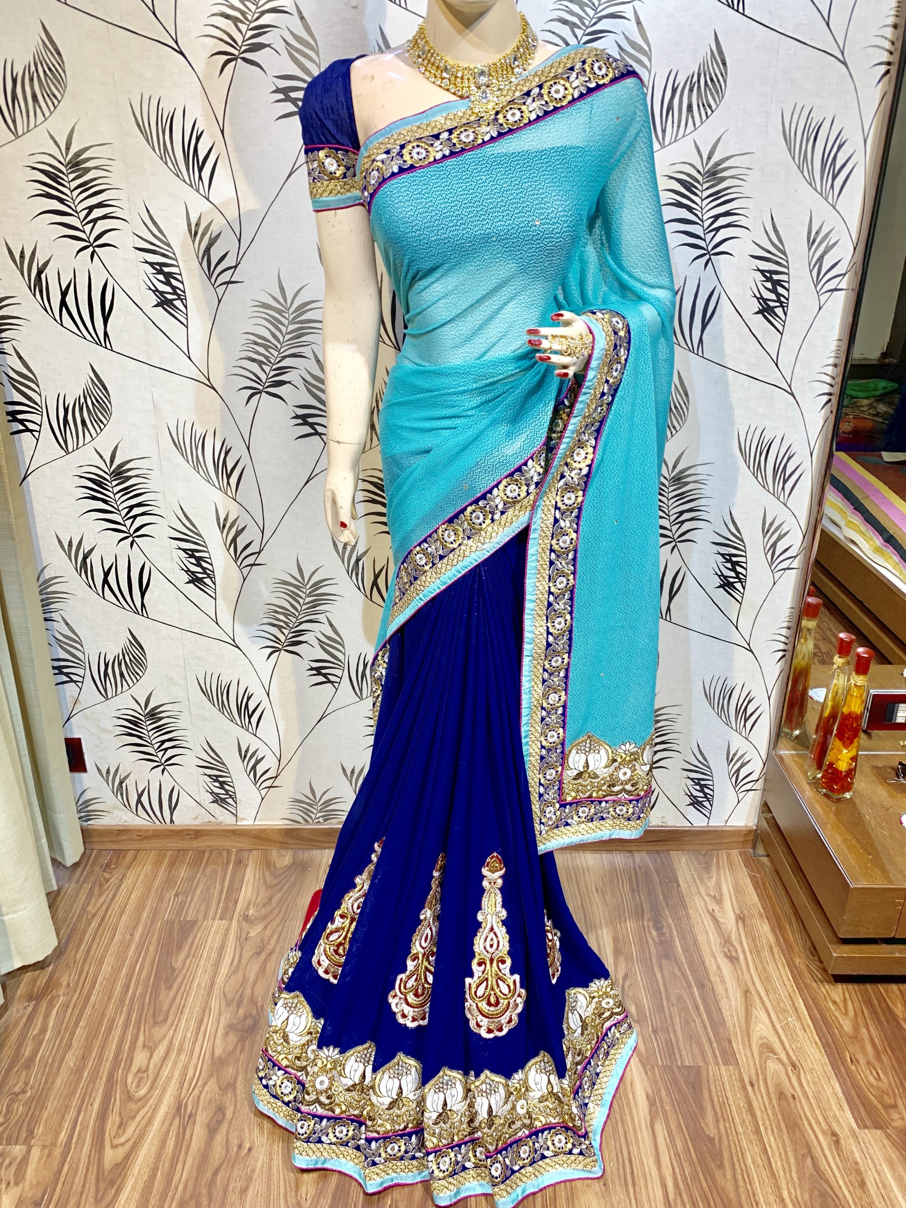 Fancy Imported Fabric Party Wear Saree In Blue WIth Embroidery Work & Crystals Stone Work