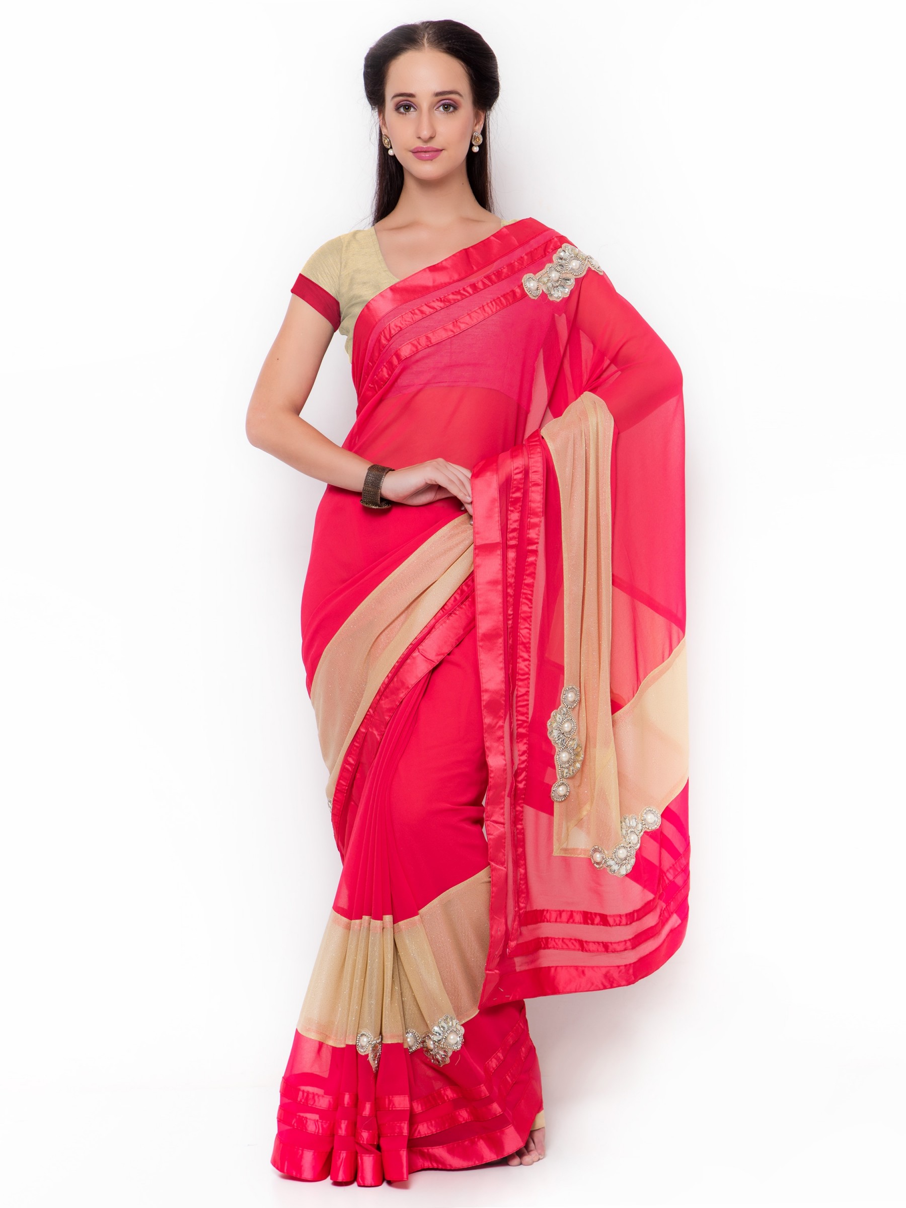 Bemberg Party Wear Saree In Pink WIth Embroidery Work   