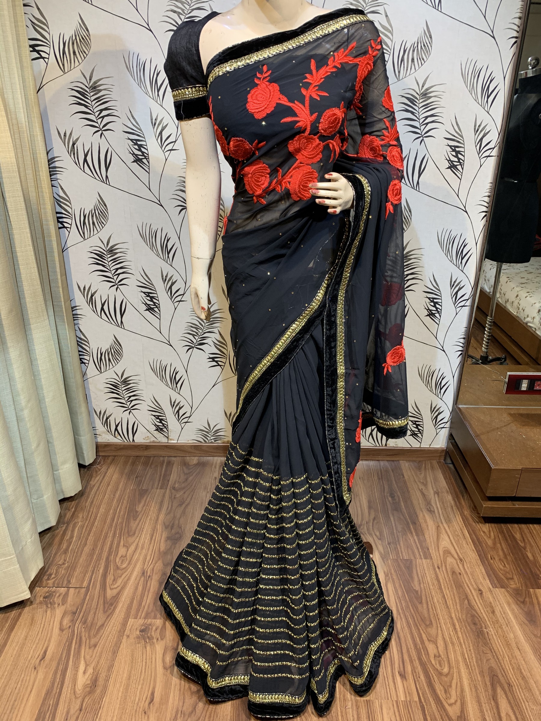 Georgette Party Wear Saree In Black In Embroidery & Crystal Stone work 