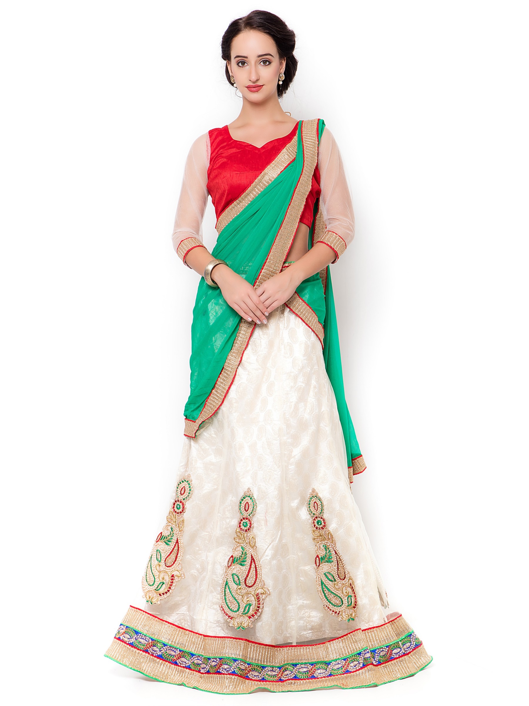 Pure Satin Silk Mehendi Sangeet Lehenga White With Embroidery Work & Stone Work