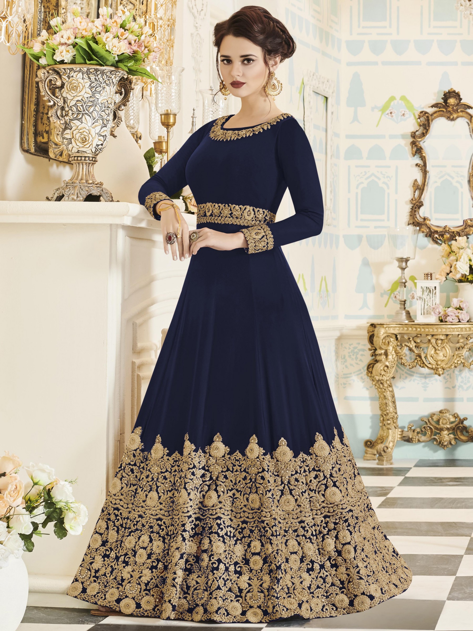 Georgette Party Wear Readymade Gown In Blue With Thread Work