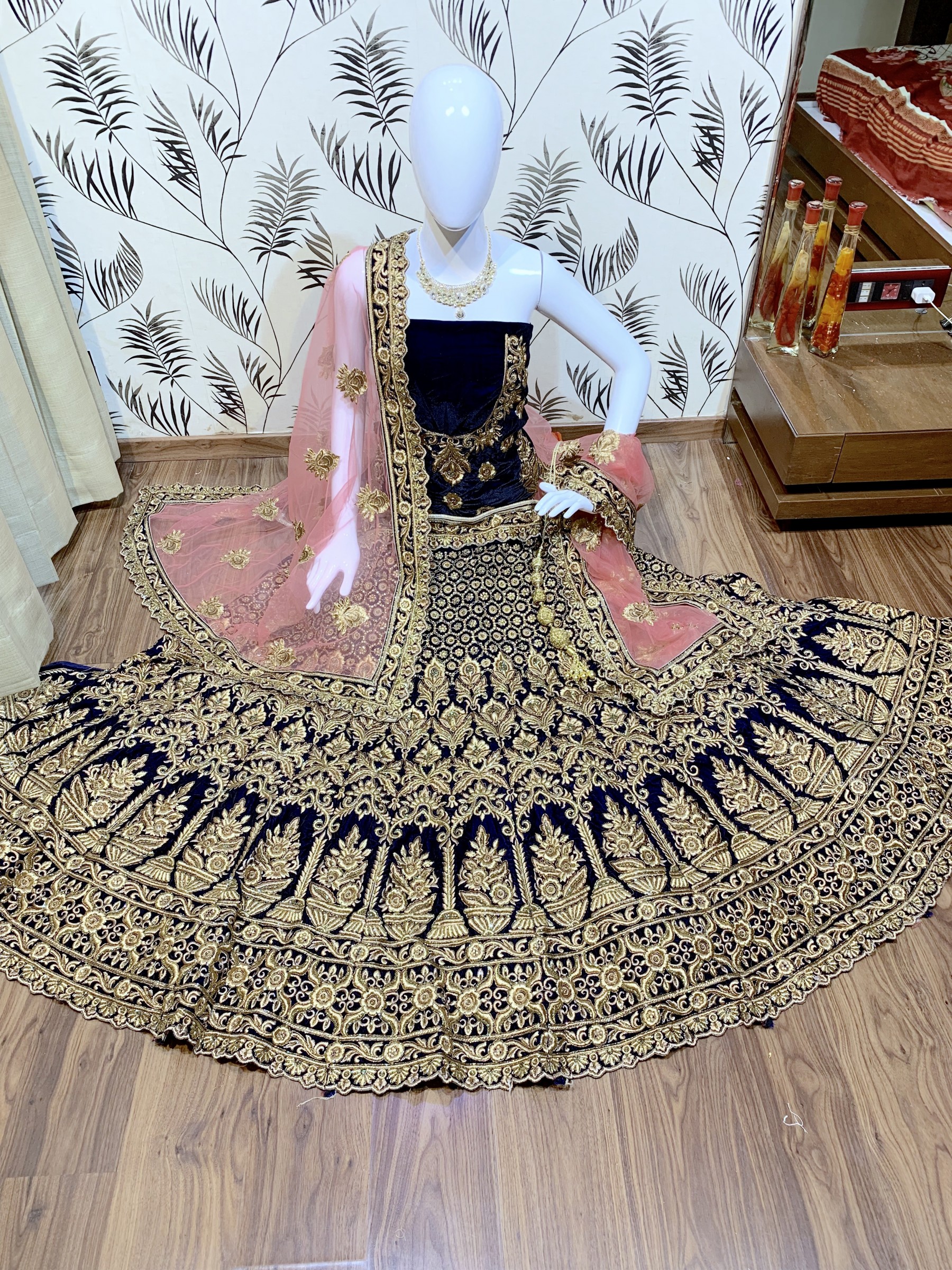 Pure Micro Velvet Bridal Wear Lehenga In Blue Color With Embroidery Work & Stone Work Hand work, 