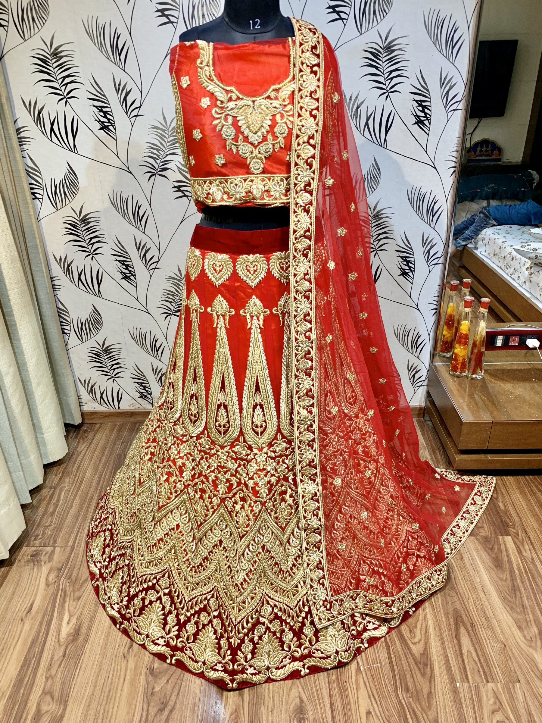Pure Satin Silk Wedding Wear Lehenga InRed With Embroidery Work & Hand Work
