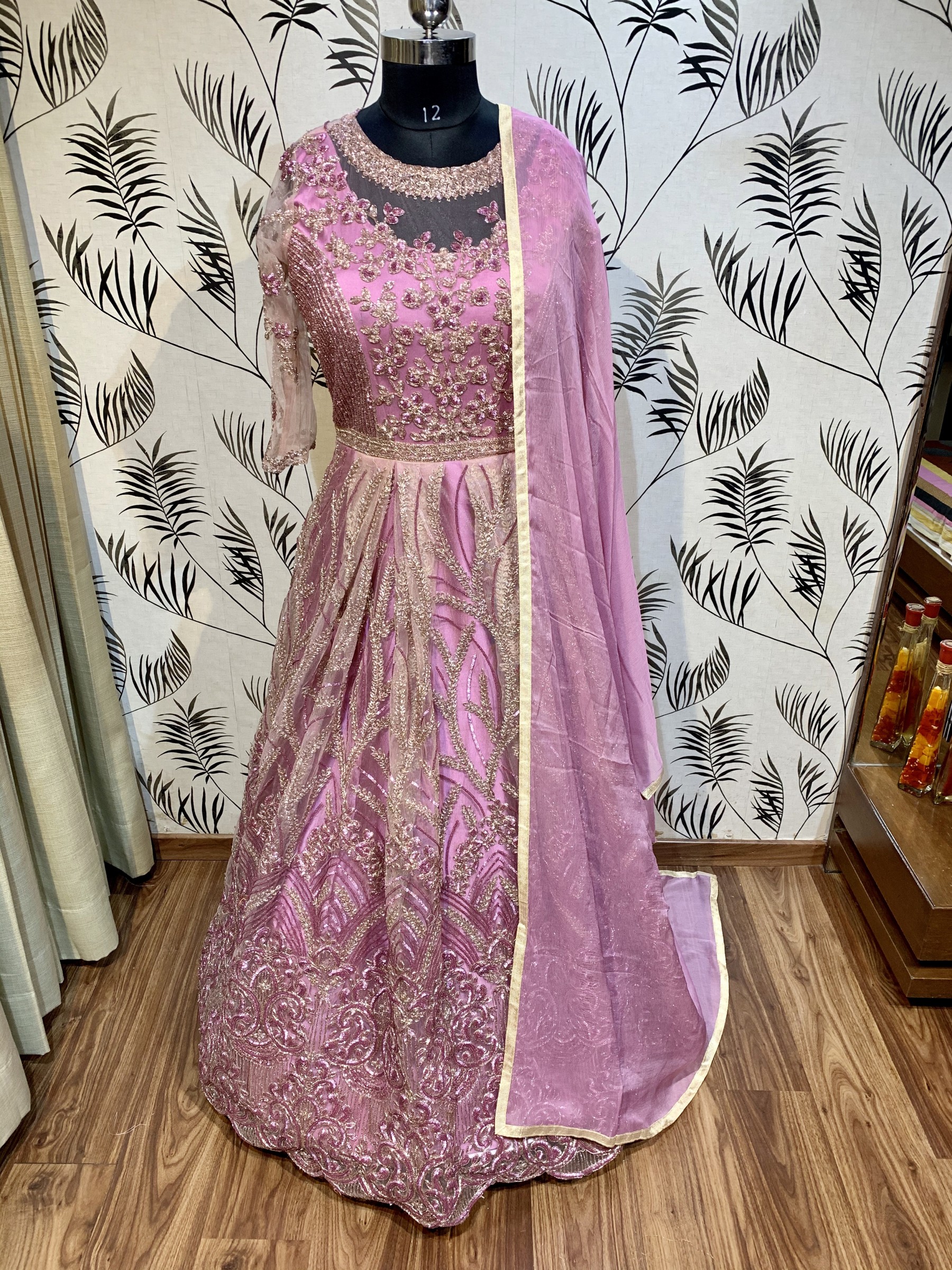 Soft Premium Net Wedding Wear Readymade Gown In Pink Embroidery Work & Sequence Work