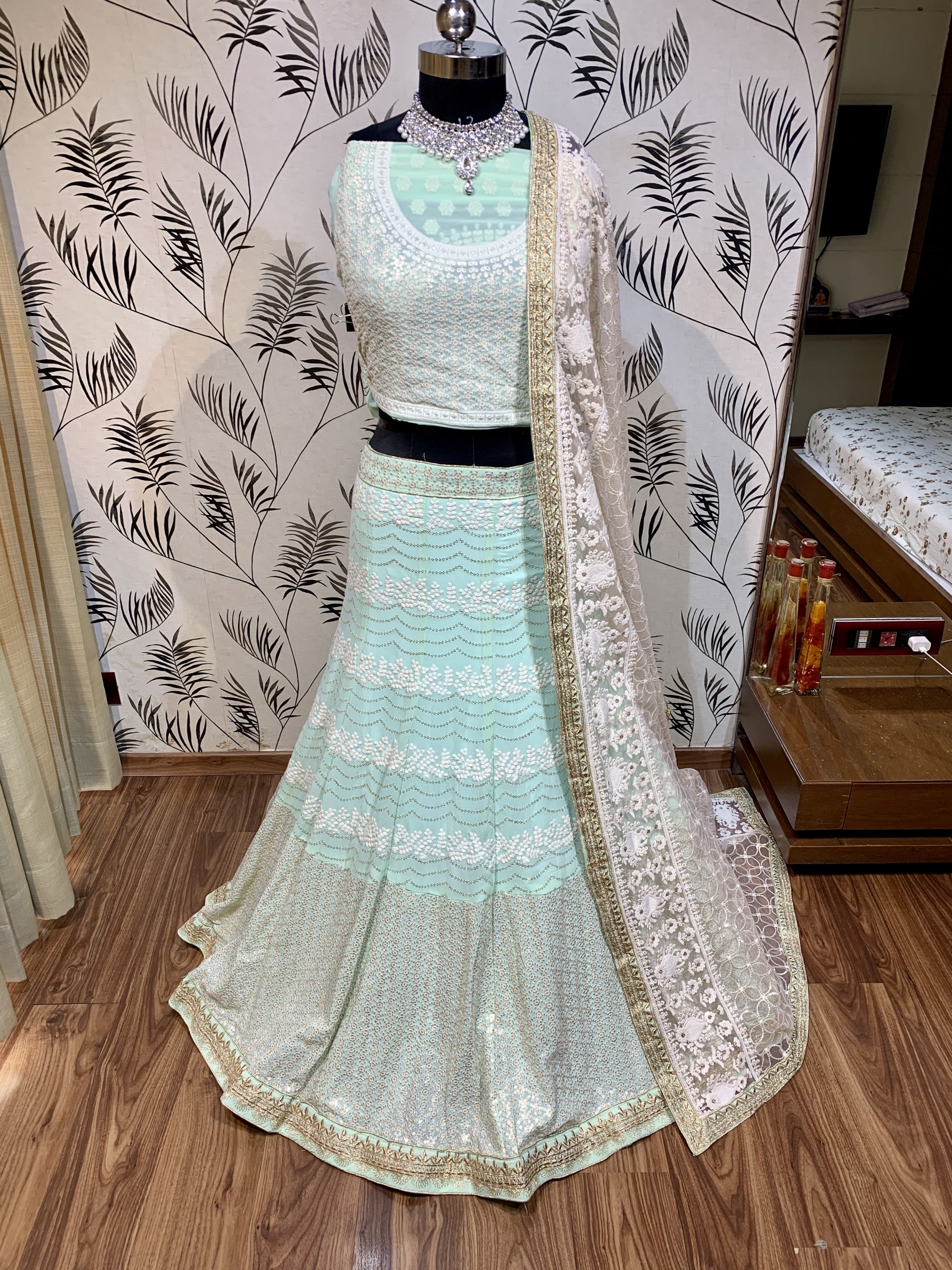 Pure Soft Georgette Wedding Wear Lehenga In Sky Blue With Embroidery Work & Sequence work