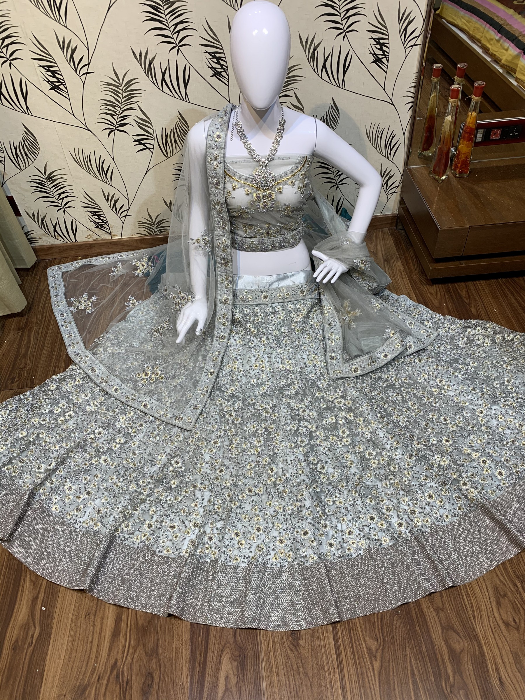 Soft Premium Net Wedding Lehenga In Grey With Embroidery Work & Pearl Work