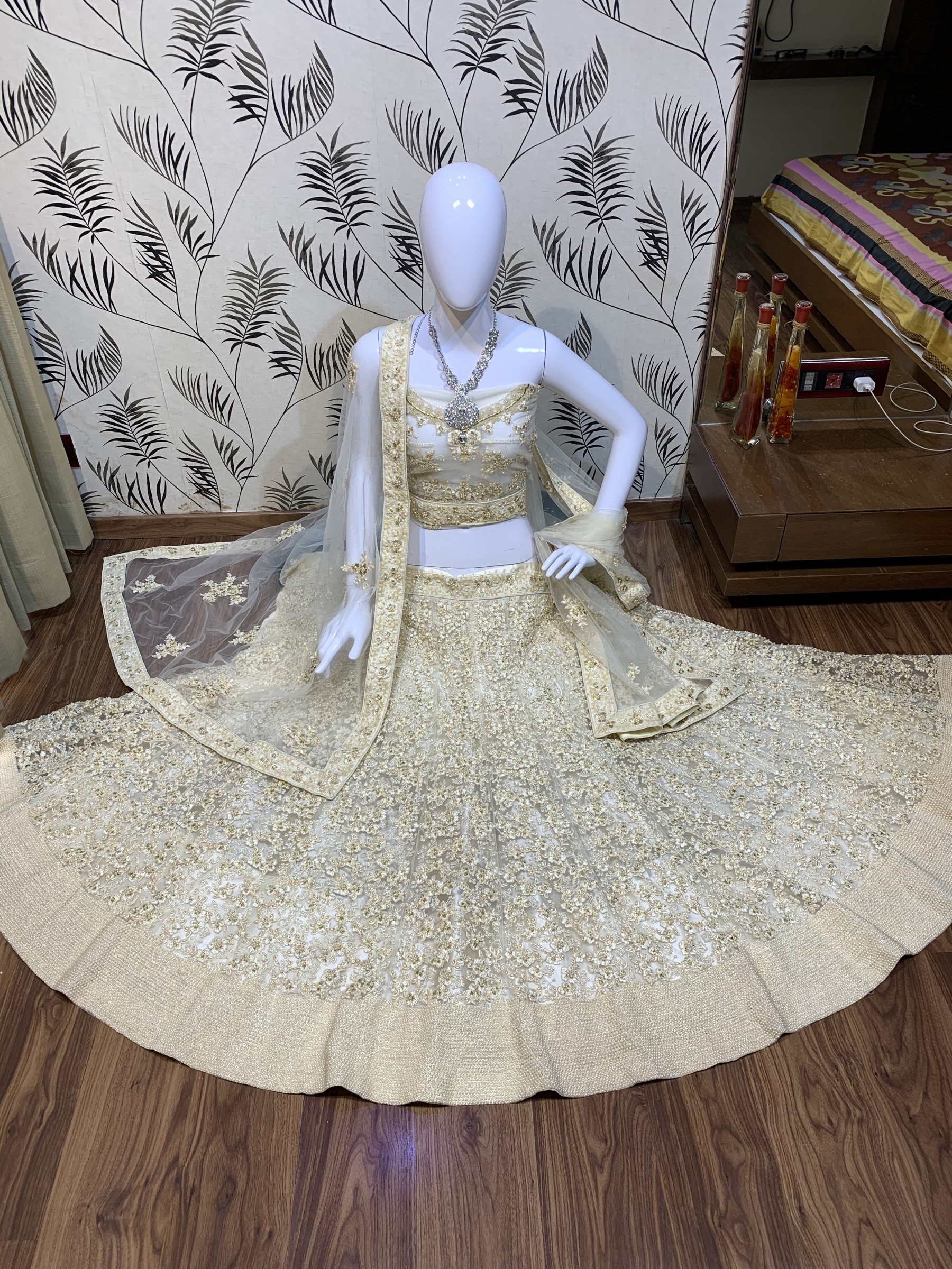 Soft Premium Net Wedding Wear Lehenga In Cream With Embroidery Work & Stone Work 