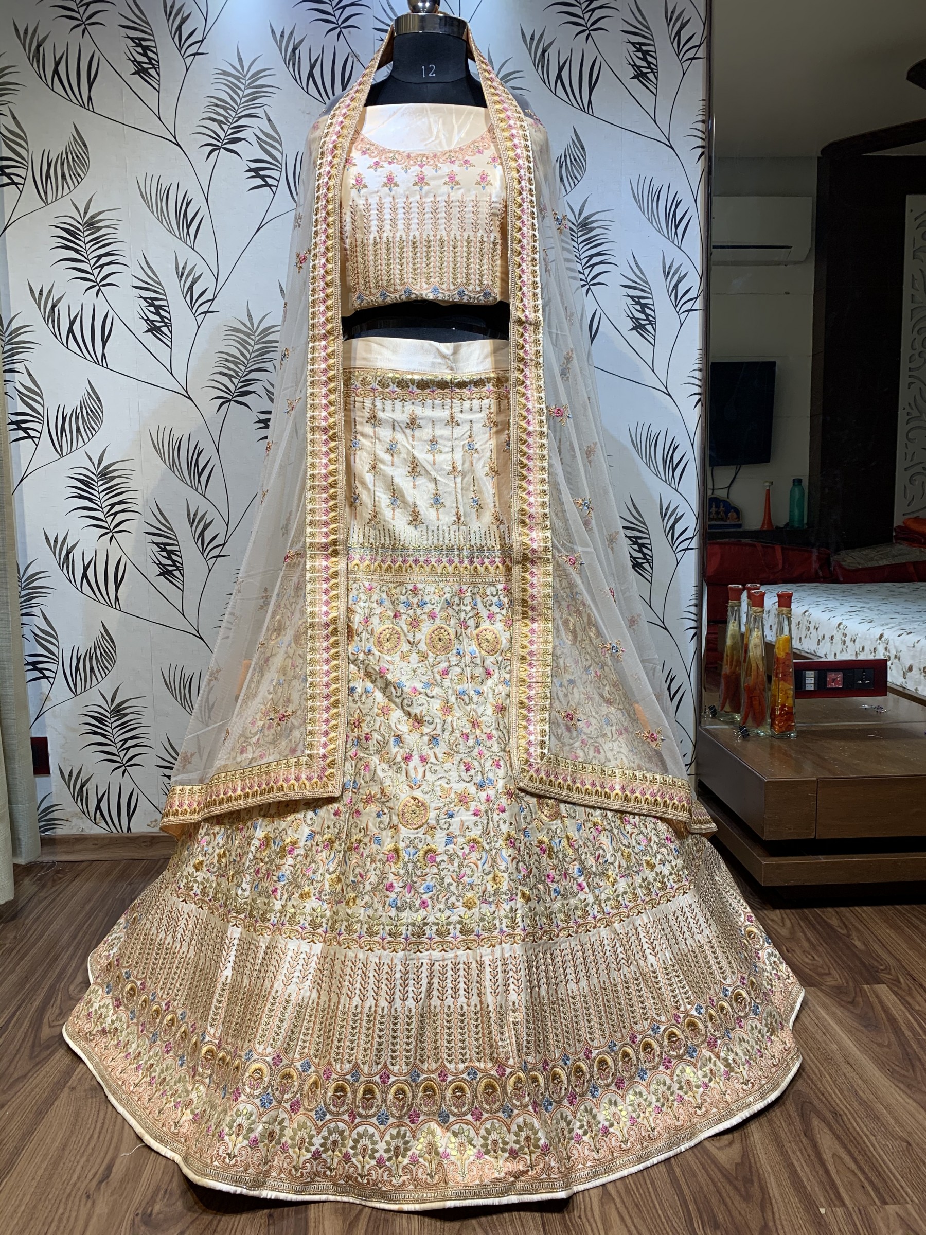 Pure Satin Silk Bridal  Wear Lehenga In Cream  With Embroidery Work 