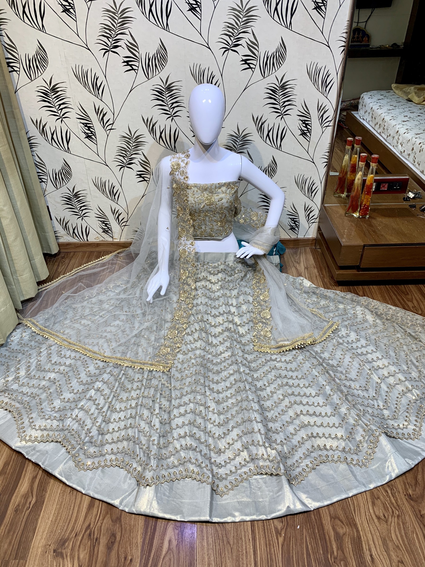 Soft Premium Net Wedding Wear Lahenga In Light Grey Embroidery Work & Sequence Work