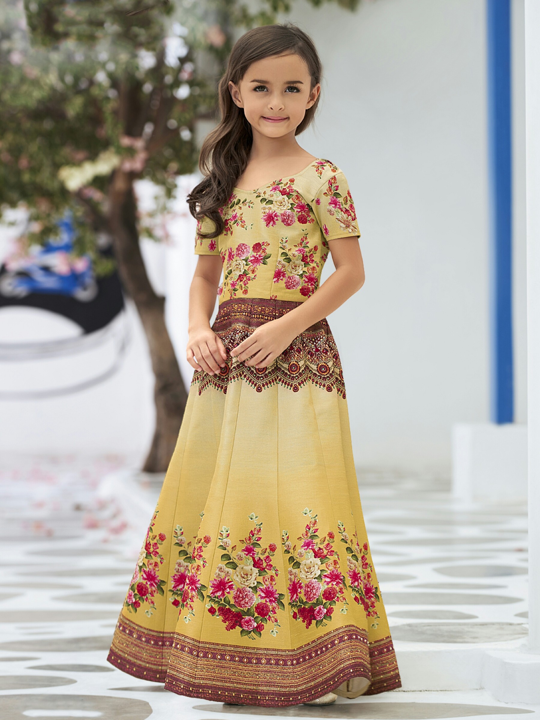 Pure Heritage Silk Party Wear Kids Gown In Yellow WIth Digital Print Work & Stone Work 