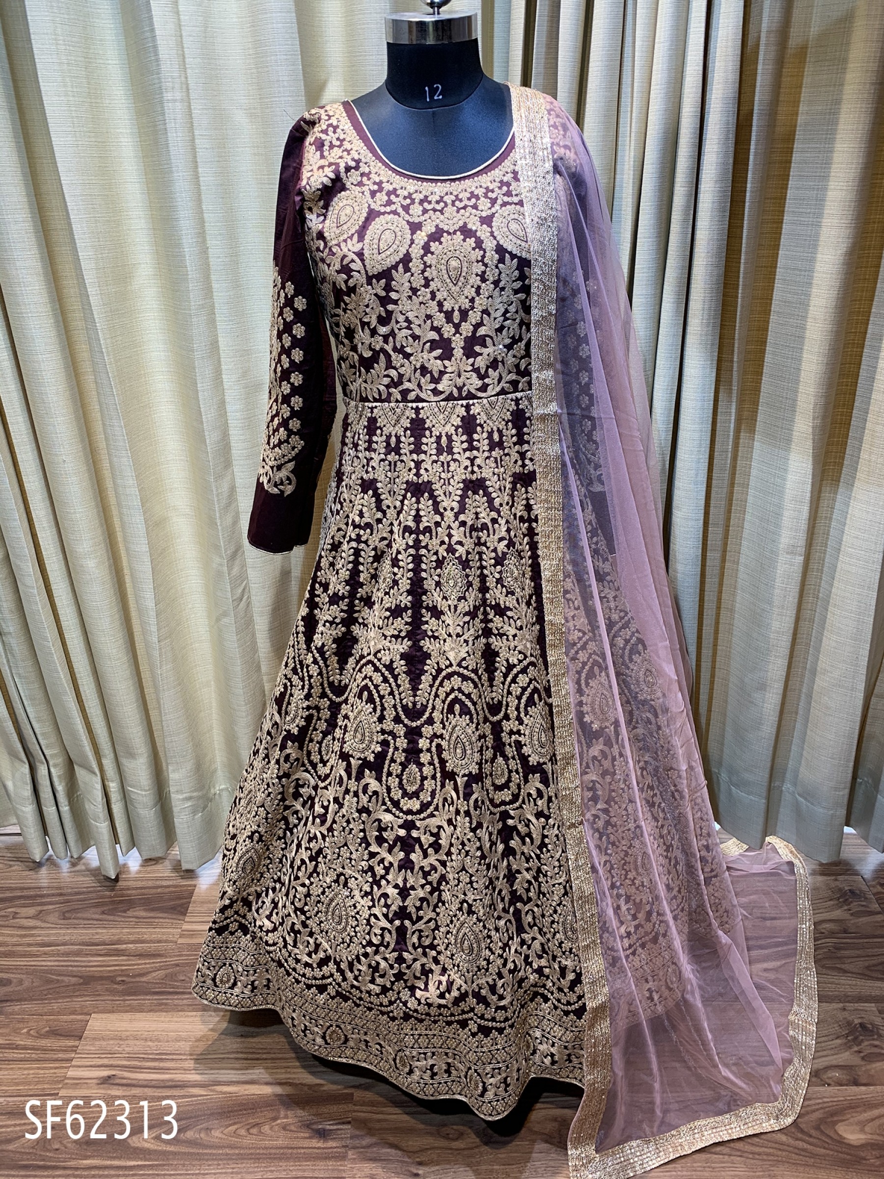 Silk Wedding Wear Readymade  Gown In Maroon With Embroidery Stone Work