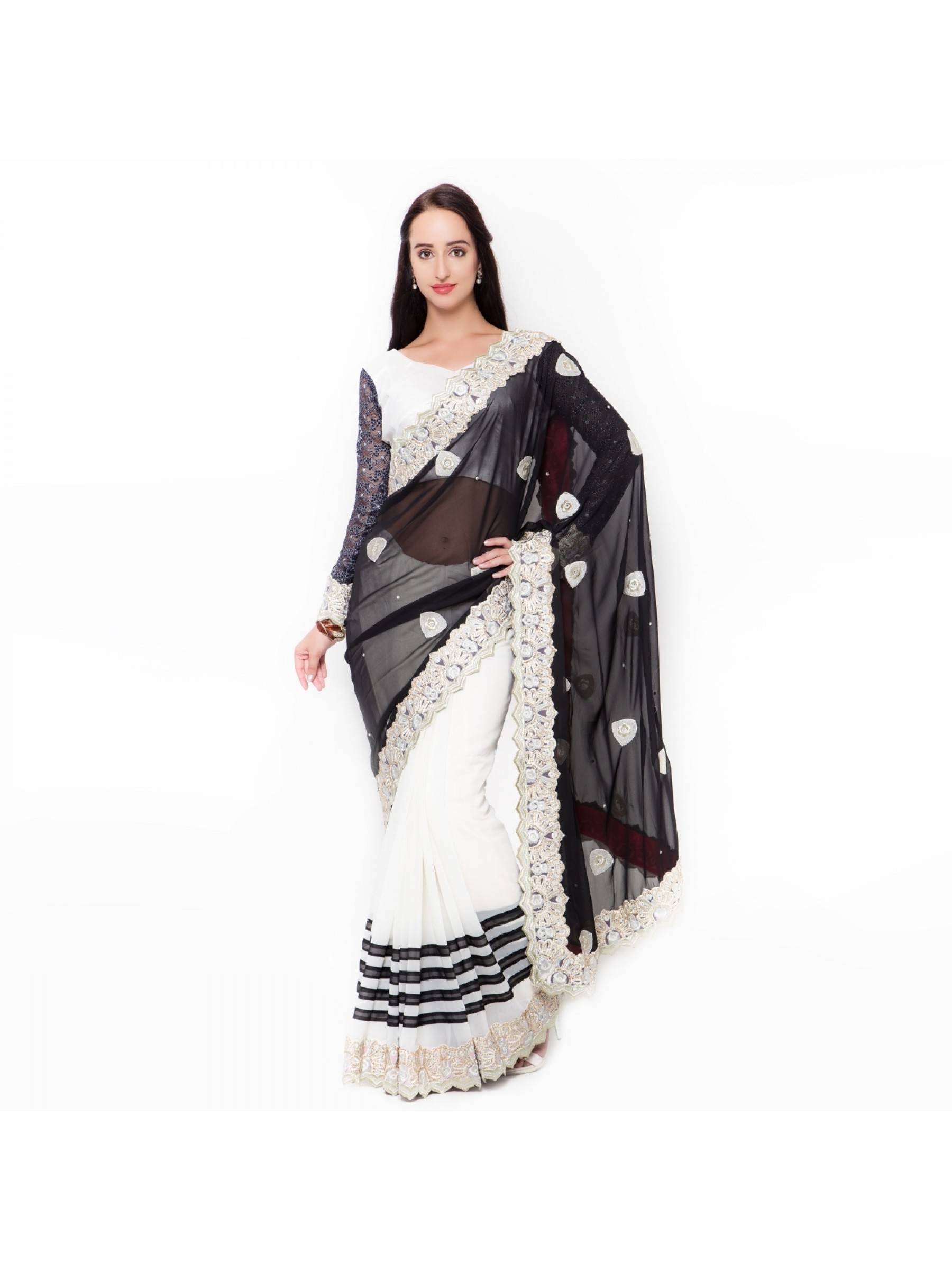 Pure Georgette Party Wear Saree In Black WIth Embroidery & Crystal Stone Work  