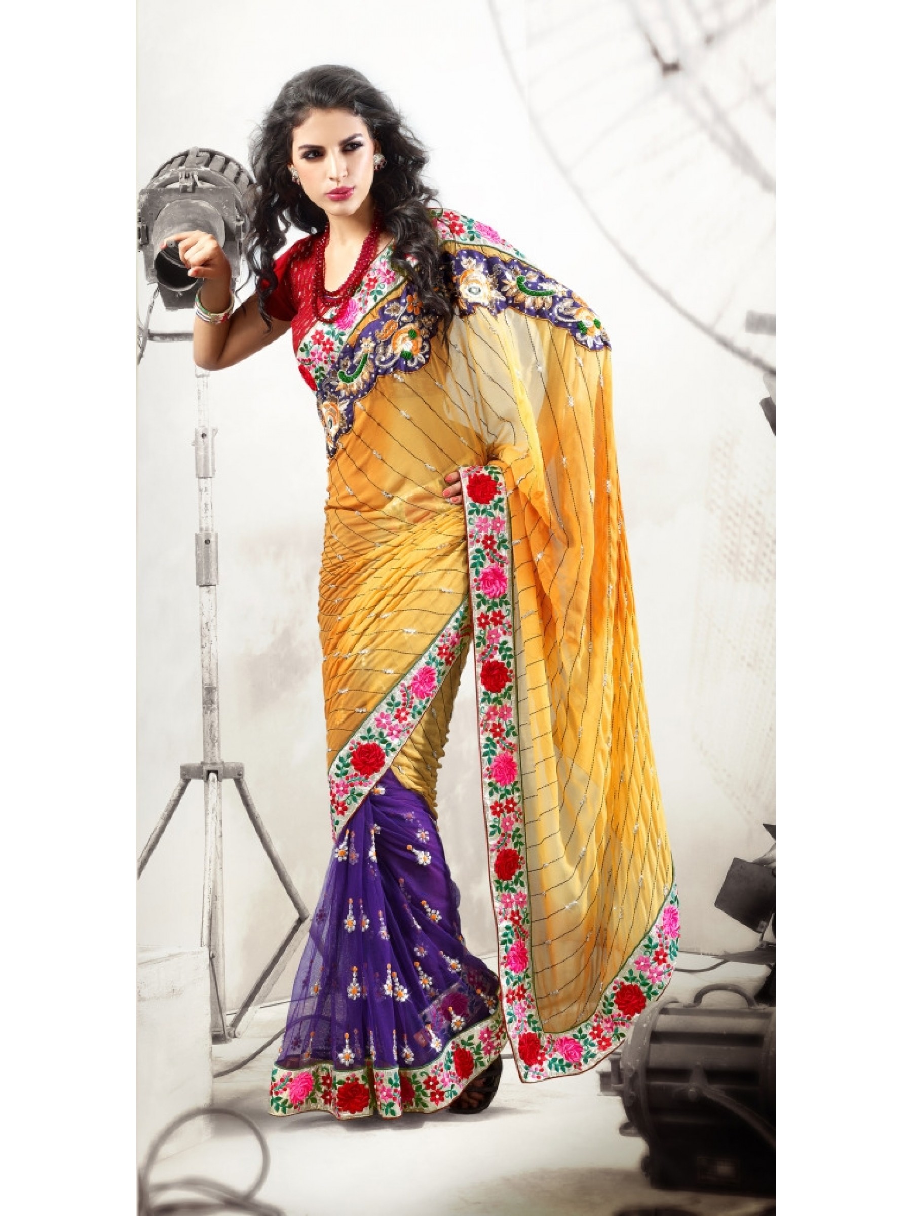 Pure Georgette Party Wear Saree In Yellow & Blue WIth Sequence Work 