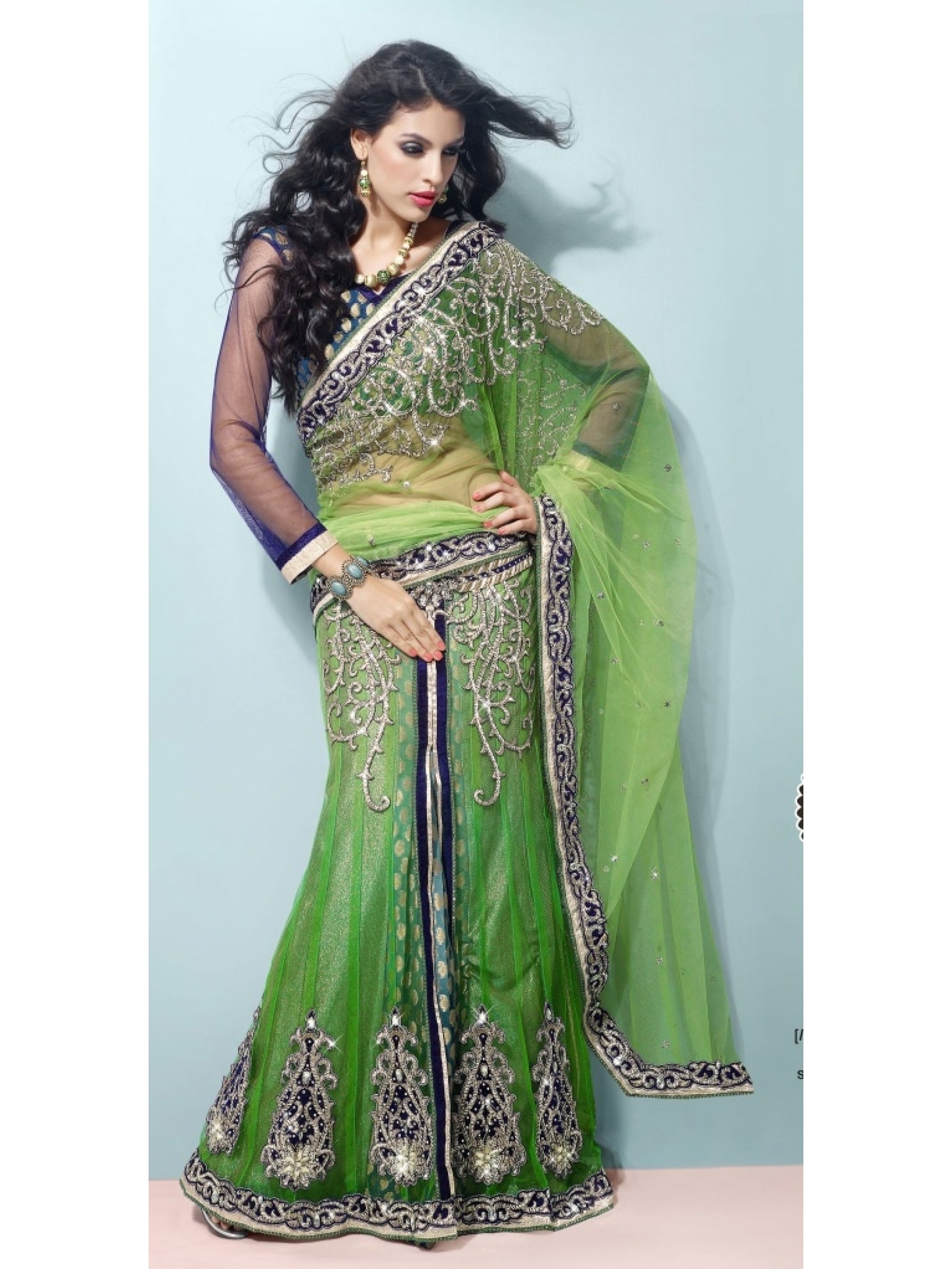 Soft Premium Net Party Wear Lehenga Saree In Green With Crystal Stone Work 
