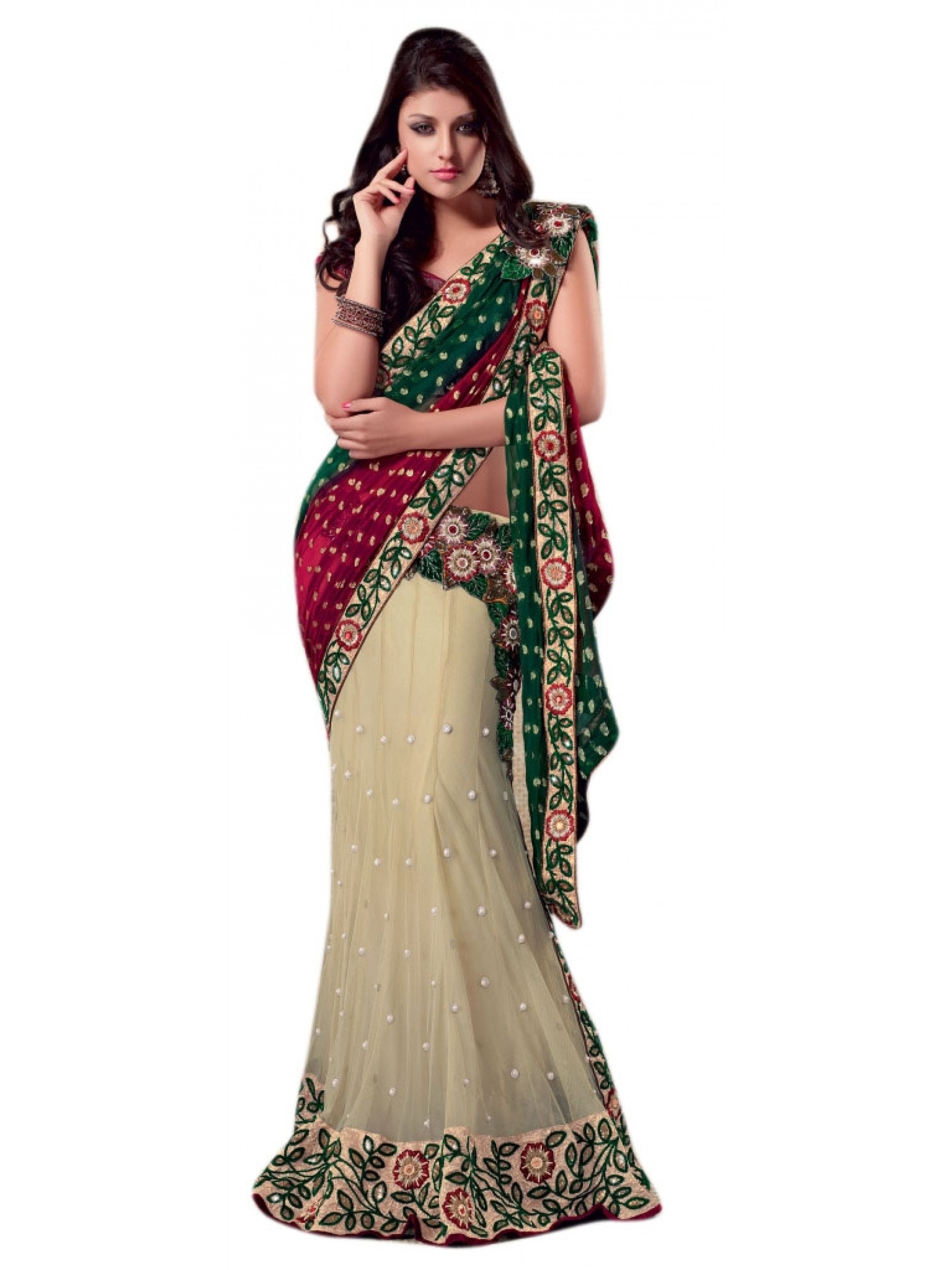 Soft Premium Net Party Wear Lehenga Saree In Cream With Embroidery & Stone Work 