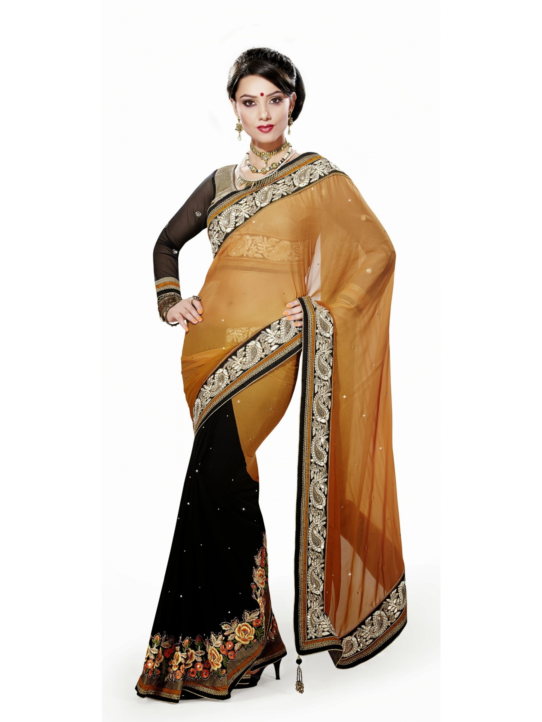 Pure Georgette Party Wear Saree In Brown & Black WIth Embroidery Work   