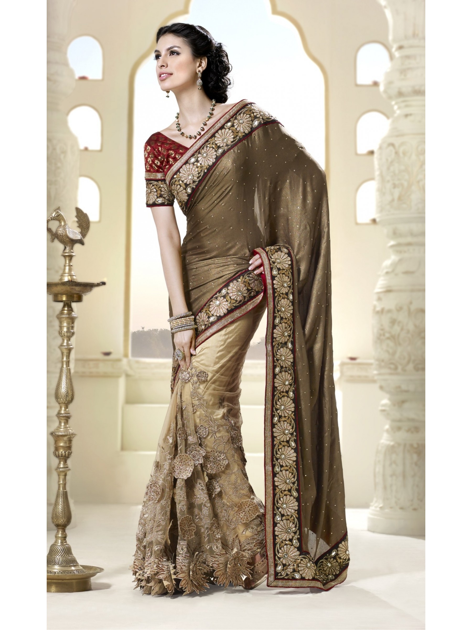 Fancy Imported Fabrics Party Wear Saree In Golden WIth Embroidery & Crystal Stone Work  