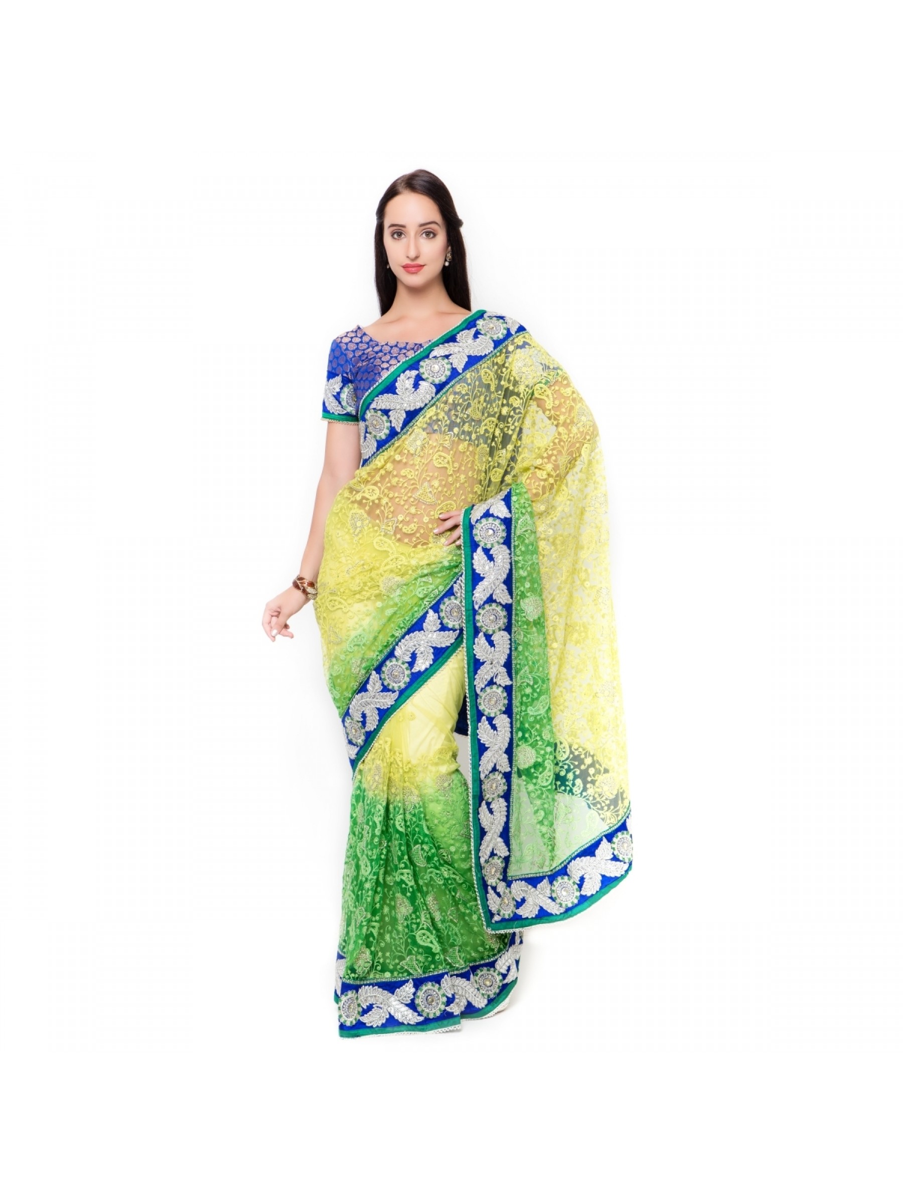 Soft Premium Net Party Wear Saree In Green WIth Embroidery & Crystal Stone Work  