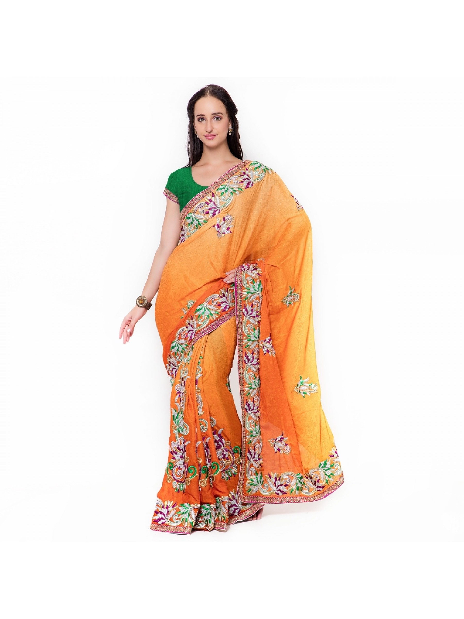 Pure Georgette Party Wear Saree In Yellow WIth Embroidery & Crystal Stone Work  