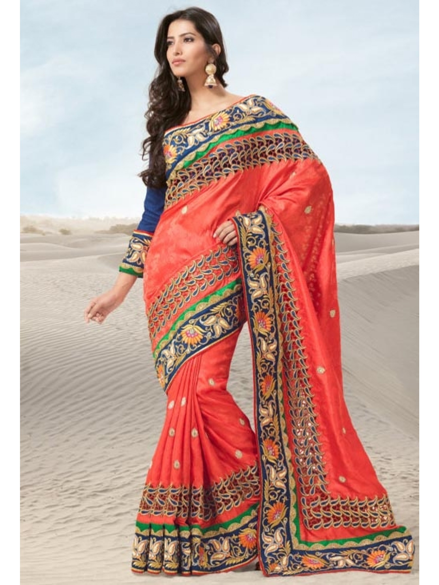 Jacquard Silk Party Wear Saree In Orange WIth Embroidery & Crystal Stone Work  