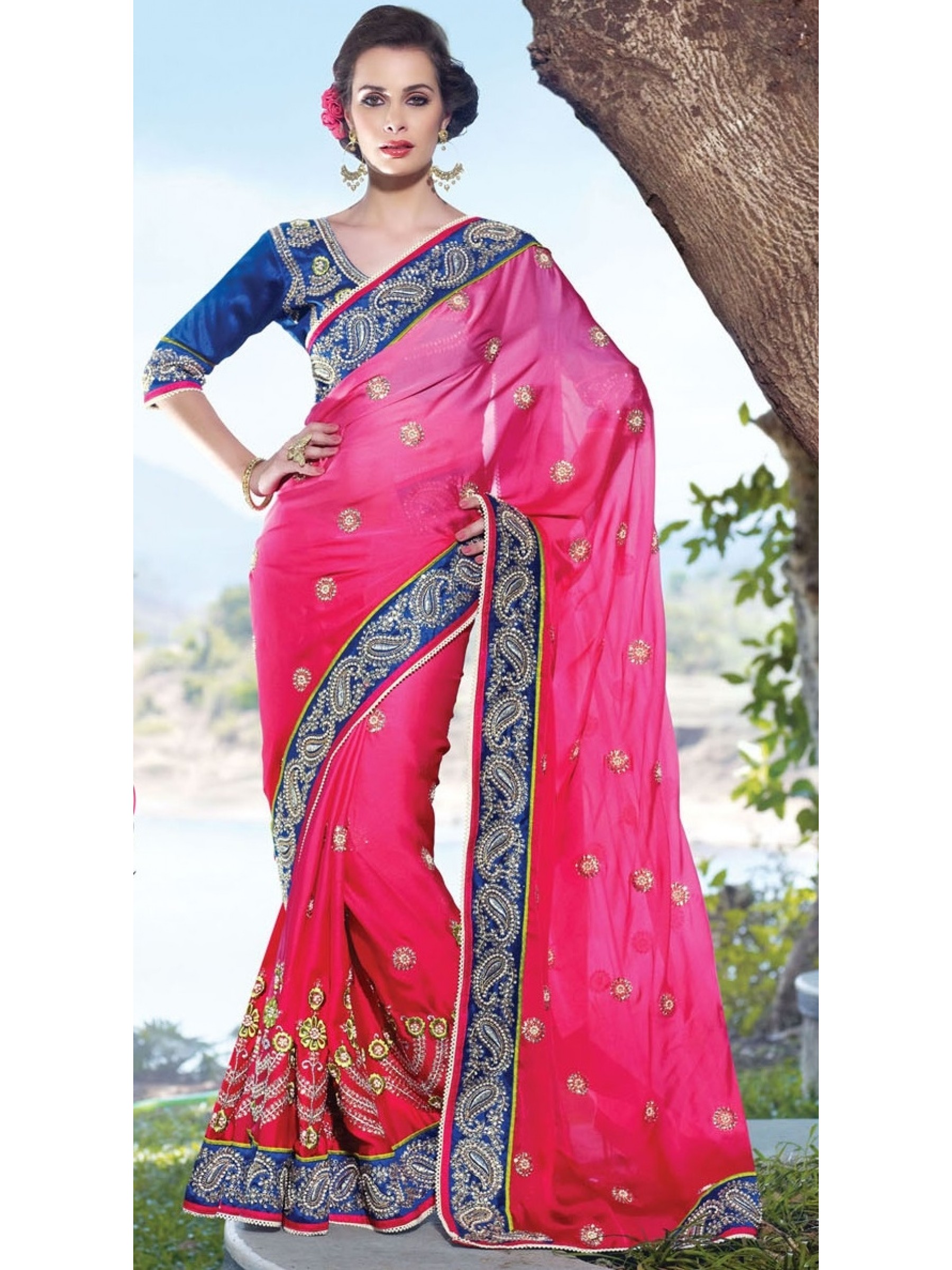 Pure Satin Silk Party Wear Saree In Pink WIth Embroidery Work & Crystal Stone work   