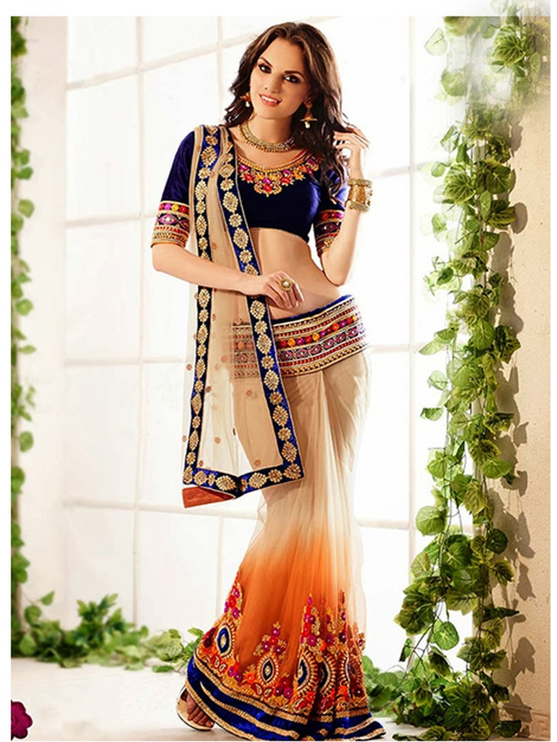 Soft Premium Net Party Wear Lehenga Saree In Beige Color With Embroidery & Stone Work 