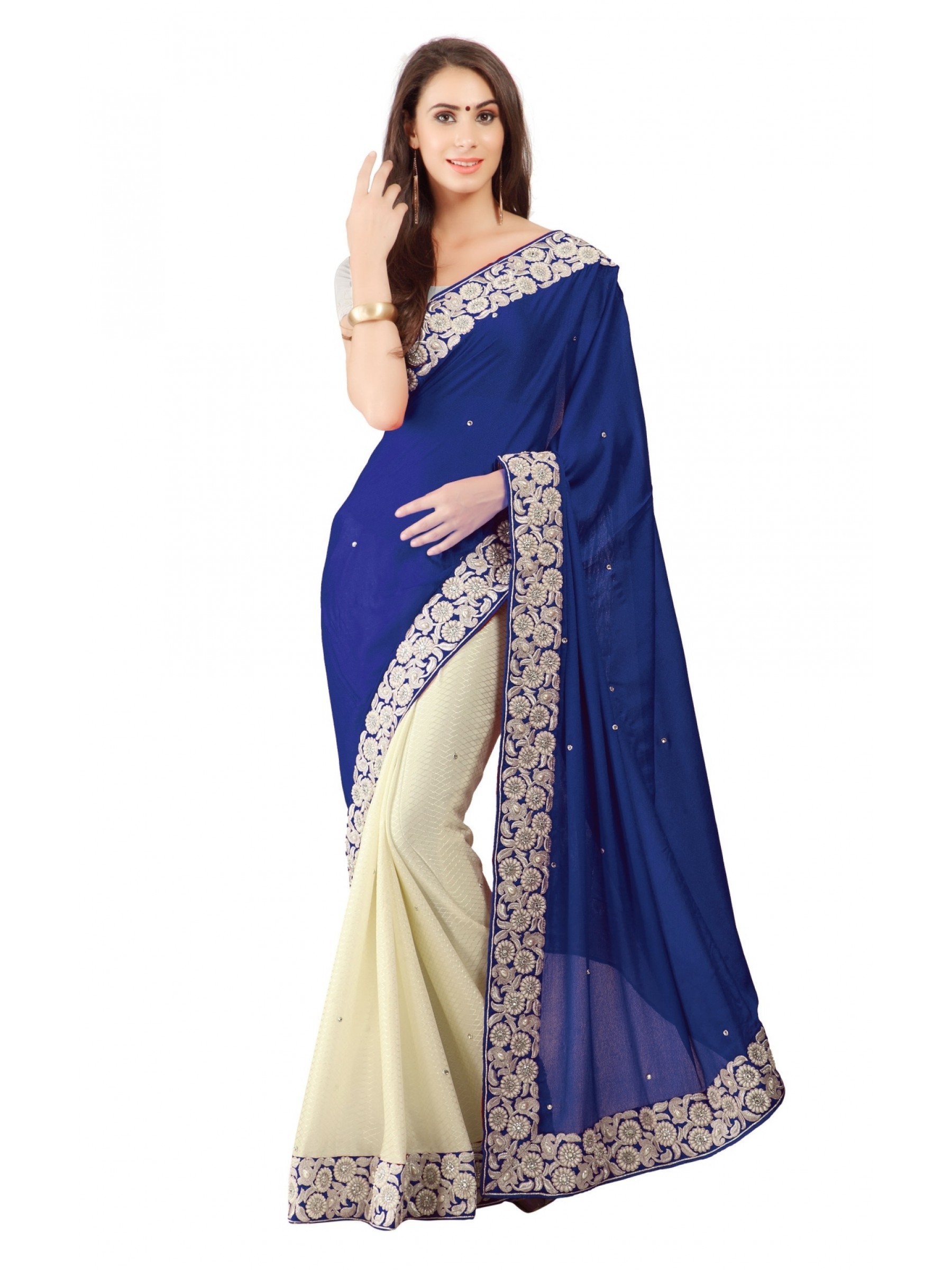 Model Silk Party Wear Saree In Blue WIth Embroidery & Crystal Stone Work  