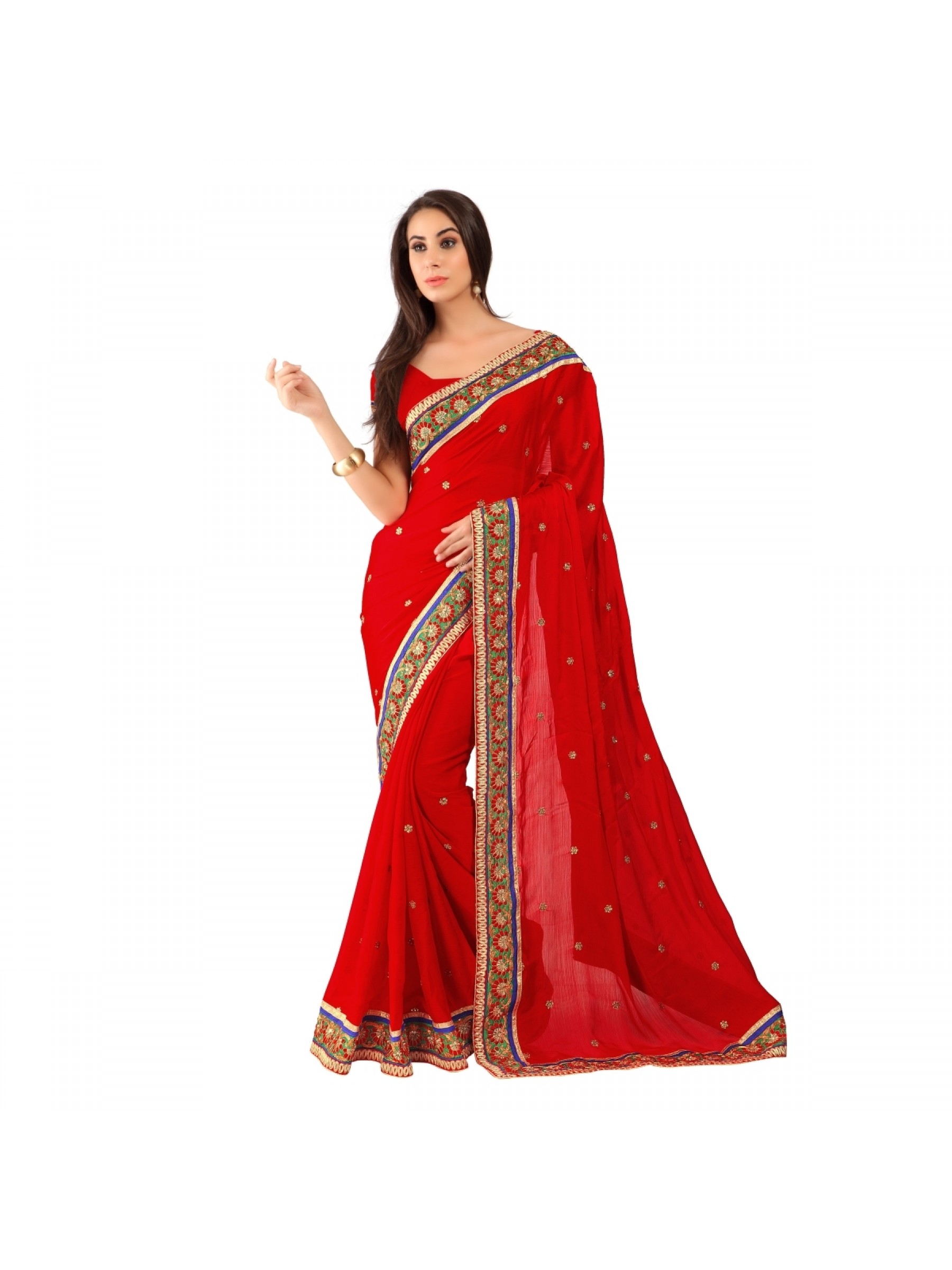 Chiffon Silk Party Wear Saree In Red WIth Embroidery & Crystal Stone Work  