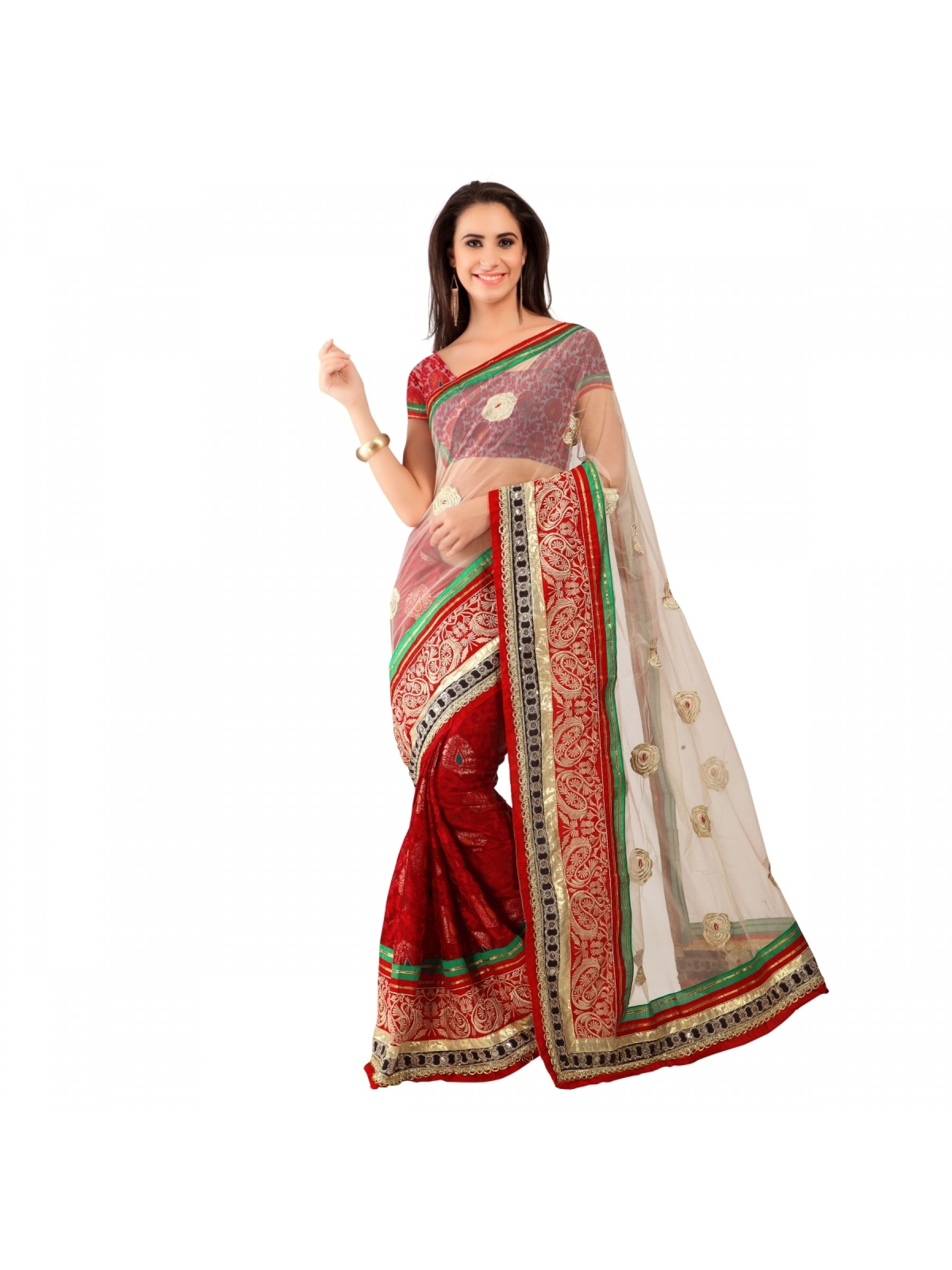 Soft Premium Net Party Wear Saree In White & Red WIth Embroidery Work 