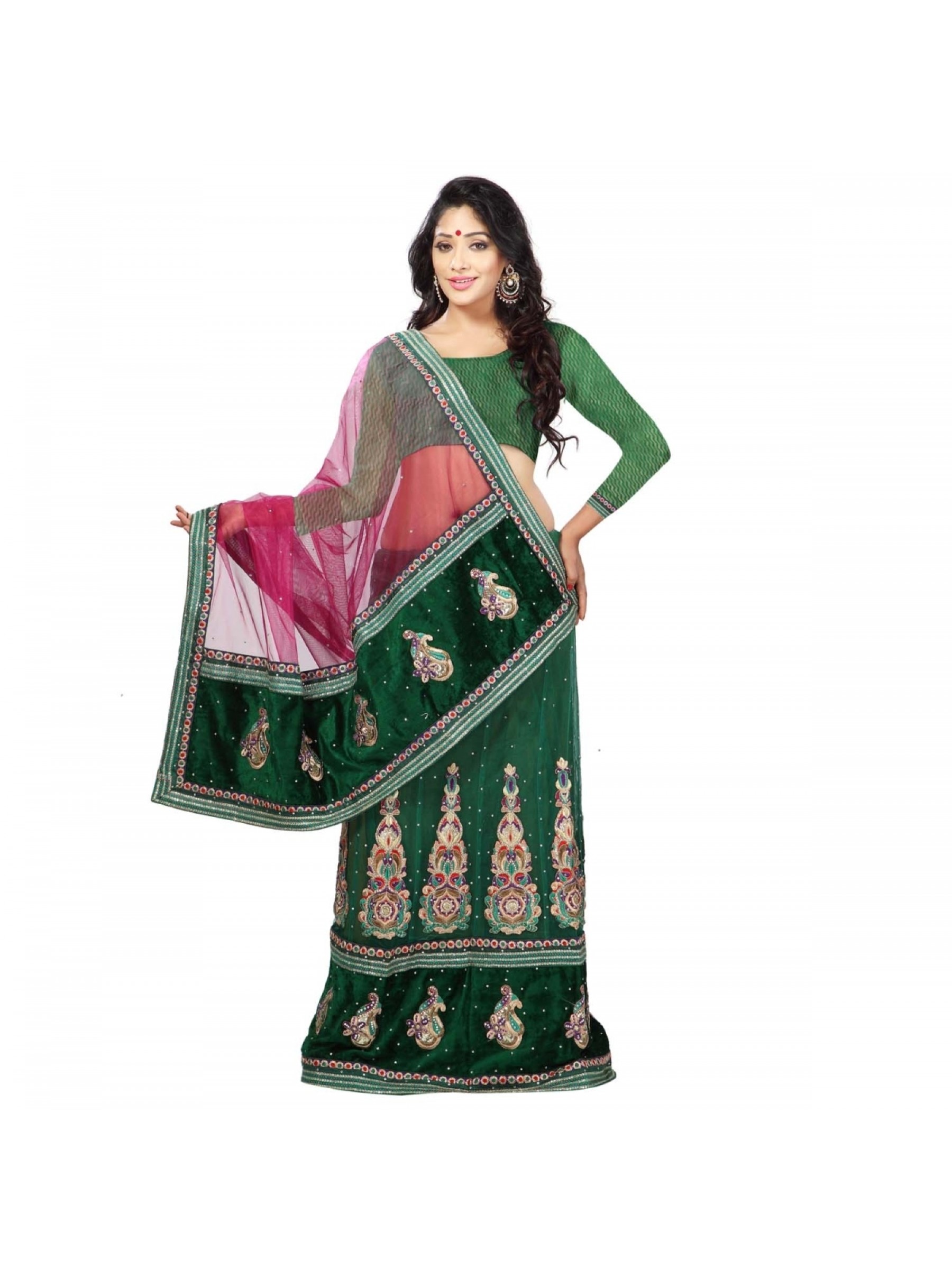 Soft Premium Net Party Wear Lehenga Saree In Green With Embroidery & Stone Work 