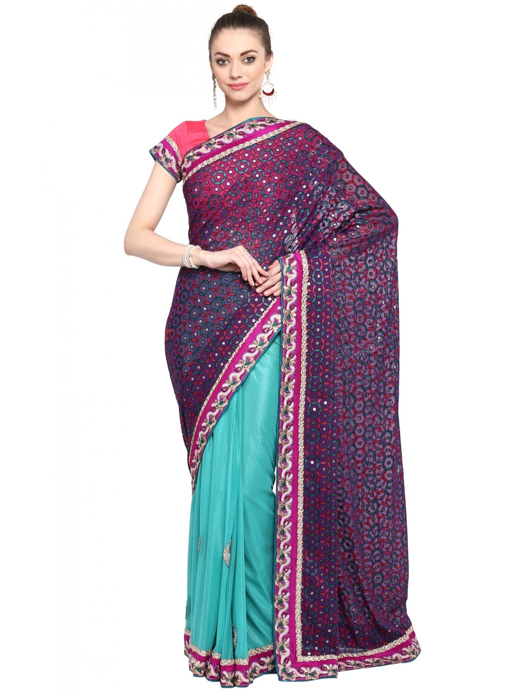 Fancy Imported Fabrics Party Wear Saree In Purple WIth Embroidery & Crystal Stone Work  