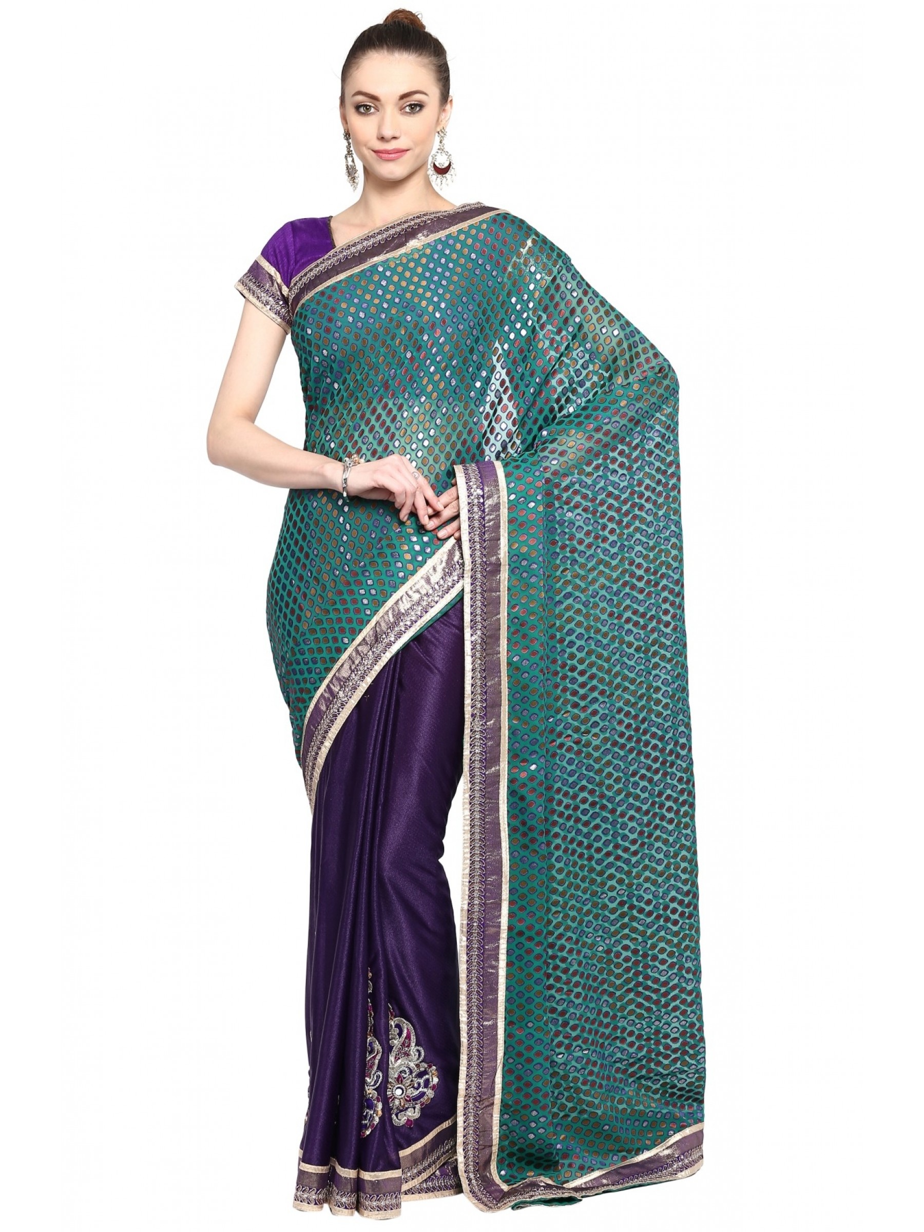 Fancy Imported Fabrics Party Wear Saree In Green WIth Embroidery & Crystal Stone Work  