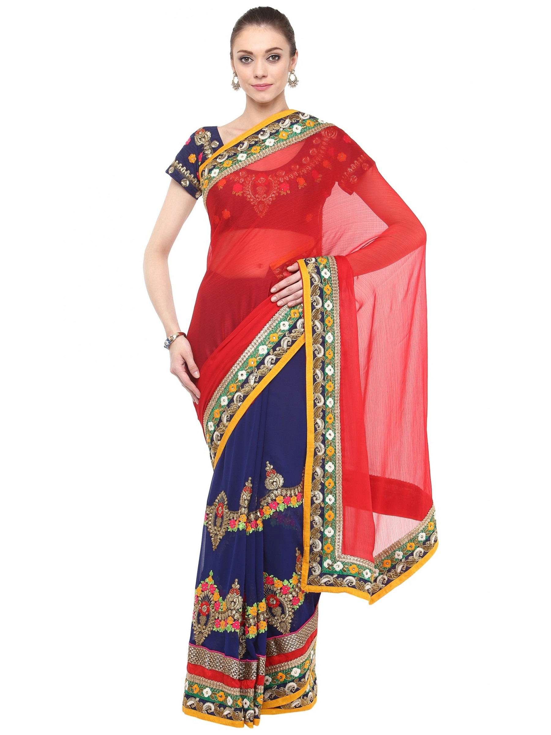 Bemberg Party Wear Saree In Red WIth Embroidery & Crystal Stone Work  