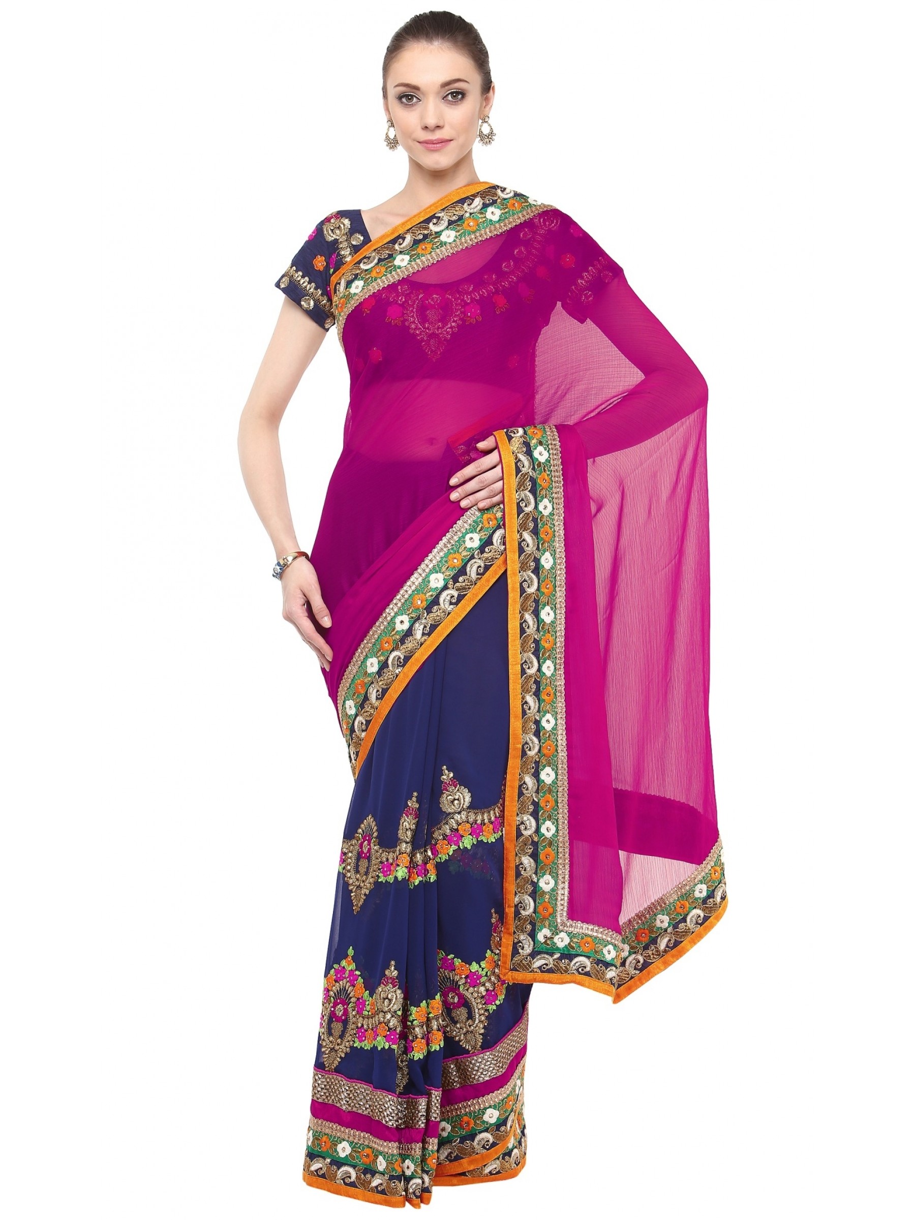 Bemberg Party Wear Saree In Rani WIth Embroidery & Crystal Stone Work  
