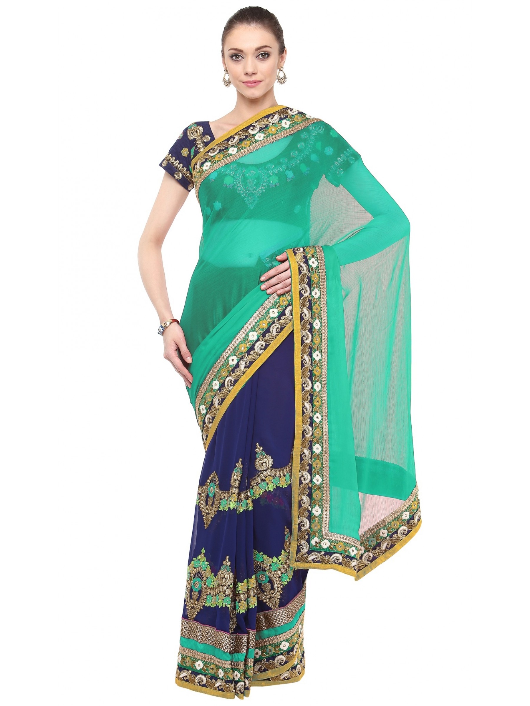 Bemberg Party Wear Saree In Rama WIth Embroidery & Crystal Stone Work  
