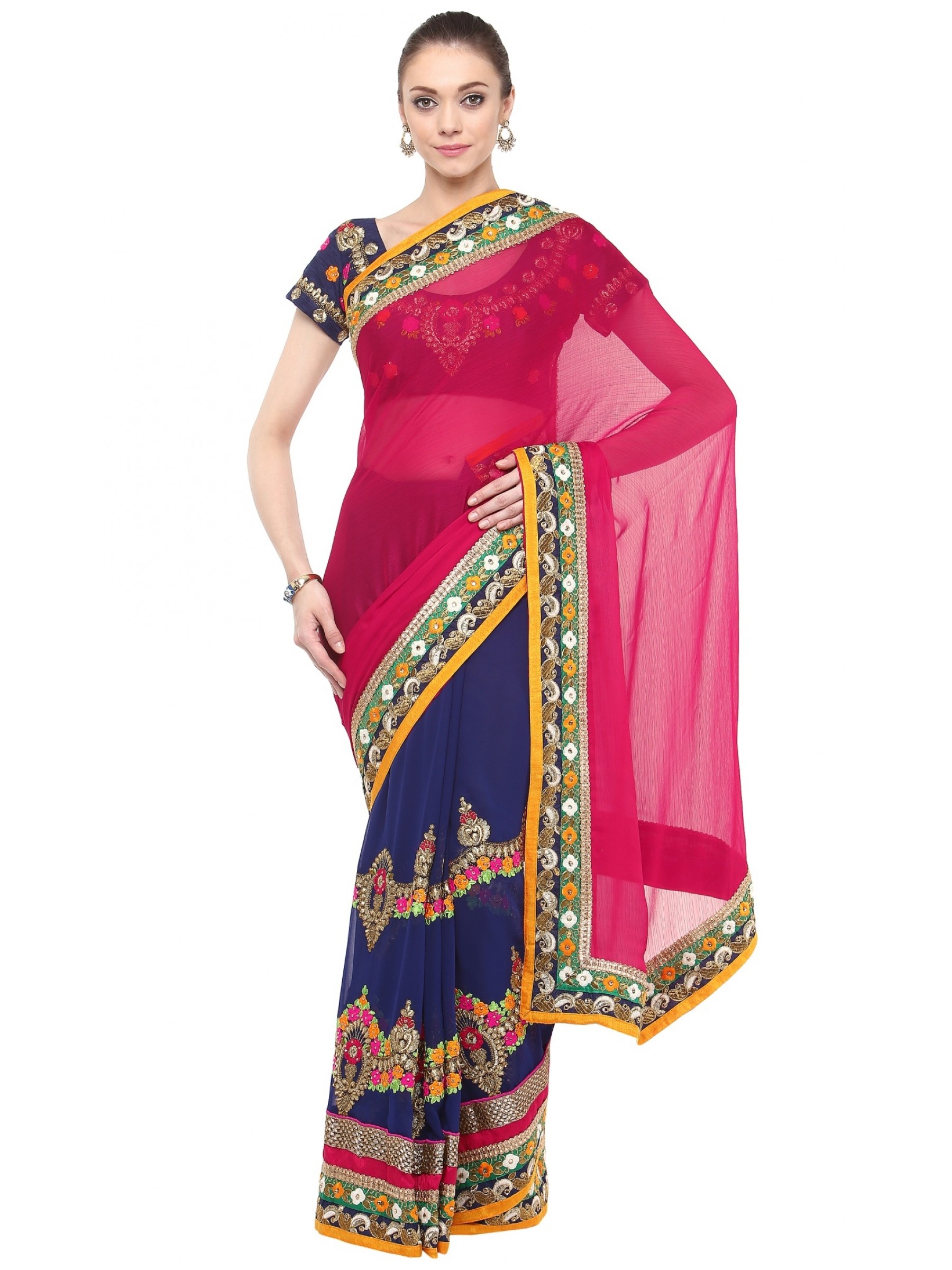 Bemberg Party Wear Saree In Pink WIth Embroidery & Crystal Stone Work  