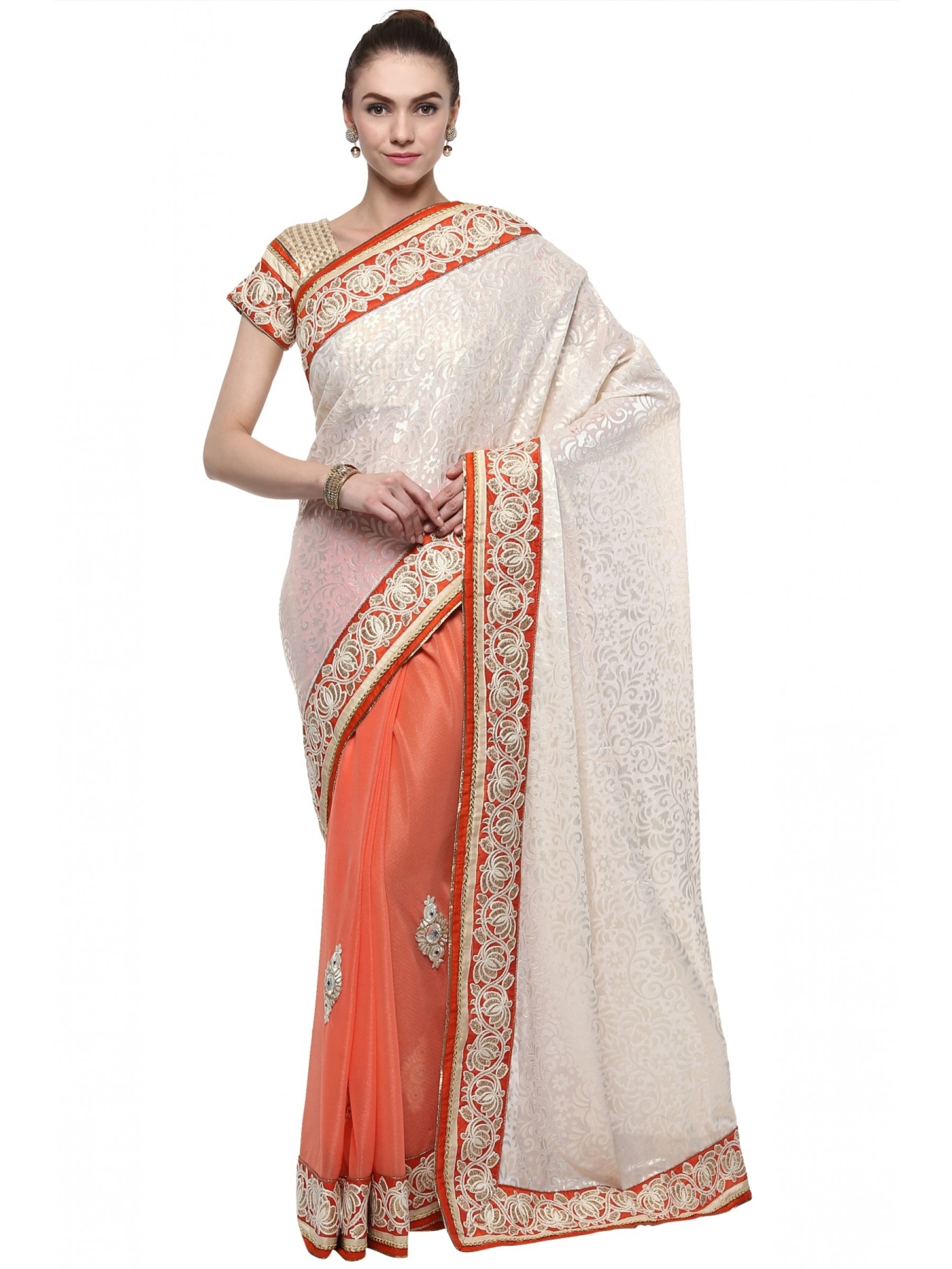 Baraso Party Wear Saree In Cream & Orange WIth Embroidery & Crystal Stone Work  