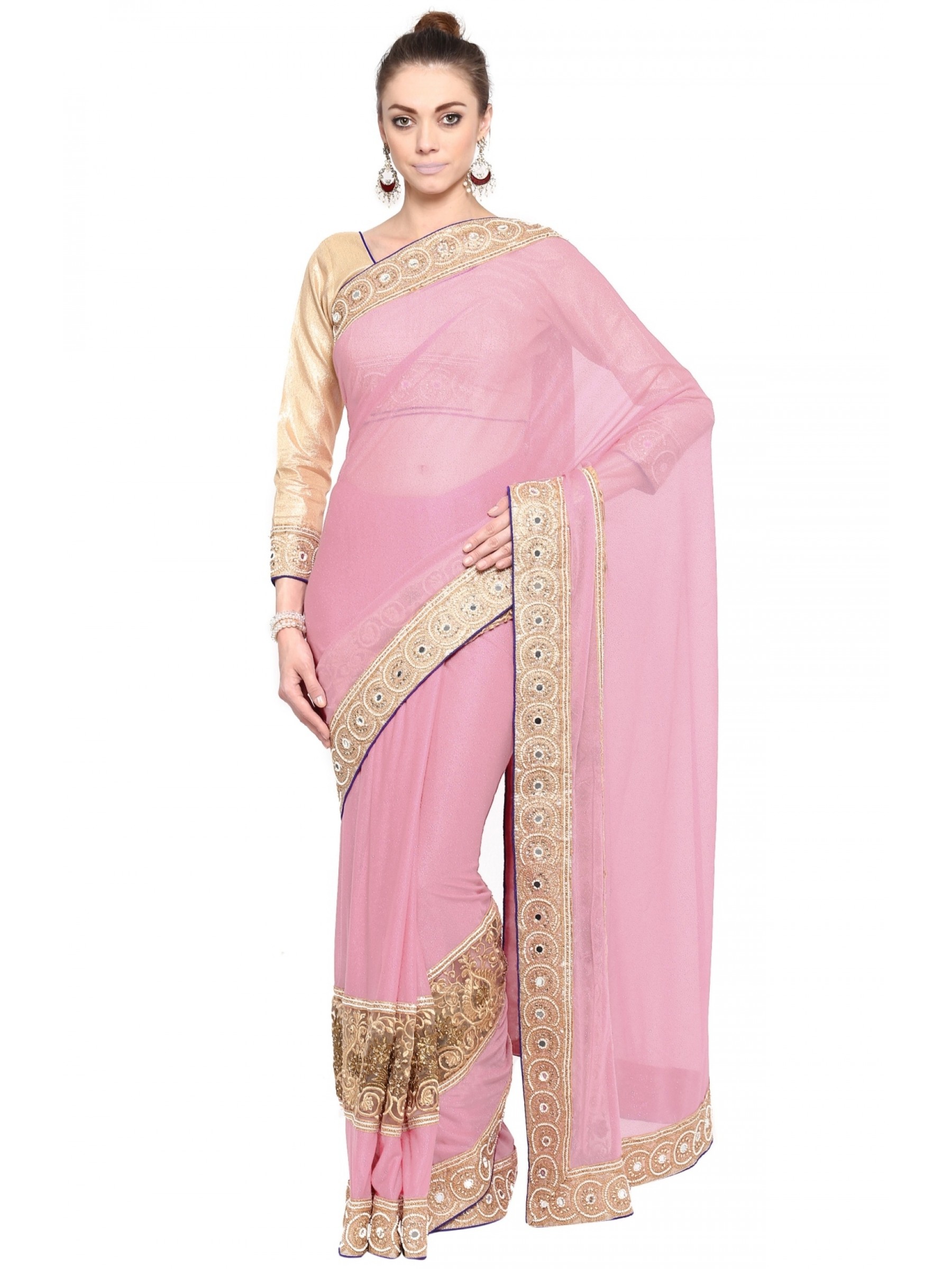 Fancy Imported Fabrics Party Wear Saree In Pink WIth Embroidery & Crystal Stone Work  