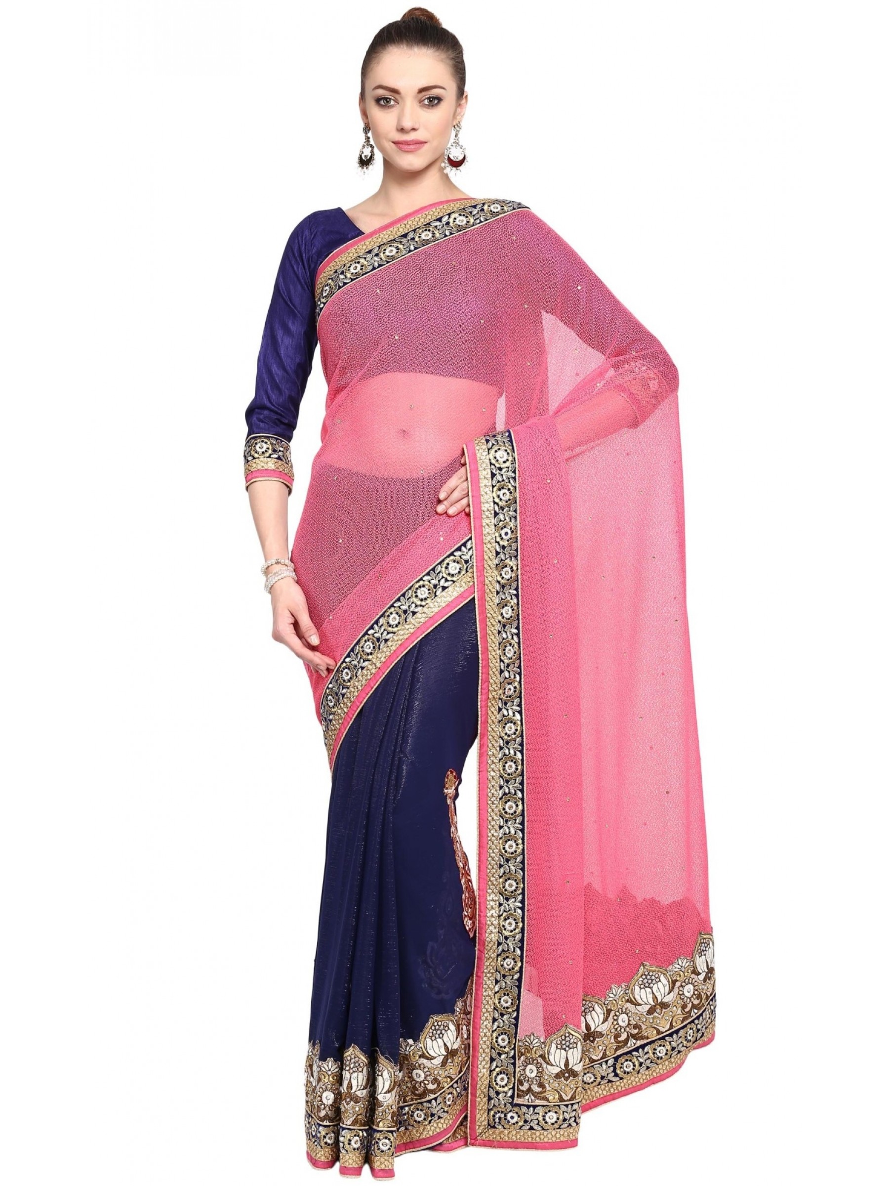 Fancy Imported Pink Wear Saree In Pink & Blue WIth Embroidery & Crystal Stone Work  