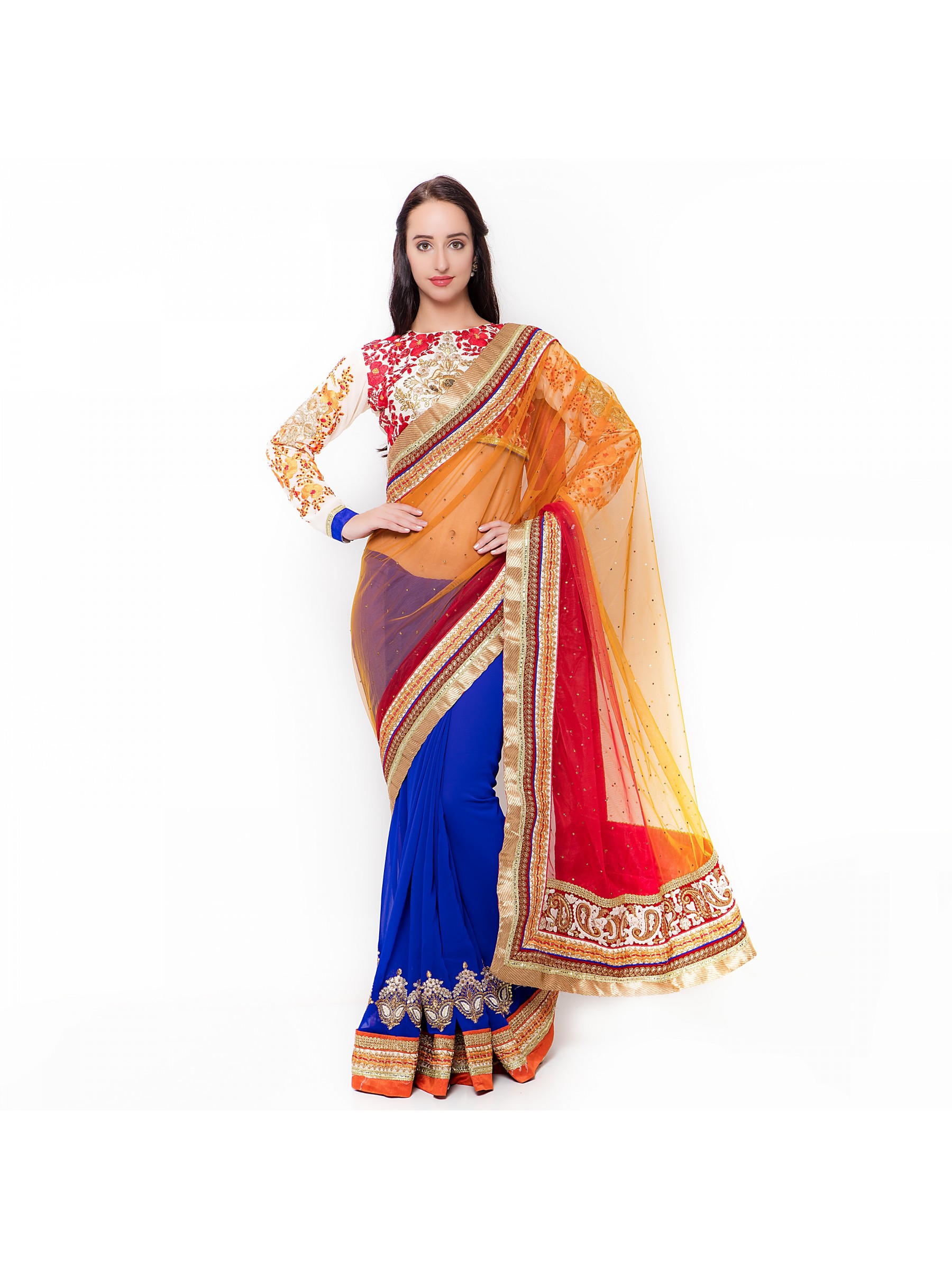 Soft Premium Net Party Wear Saree In Orange & Blue WIth Embroidery & Crystal Stone Work  