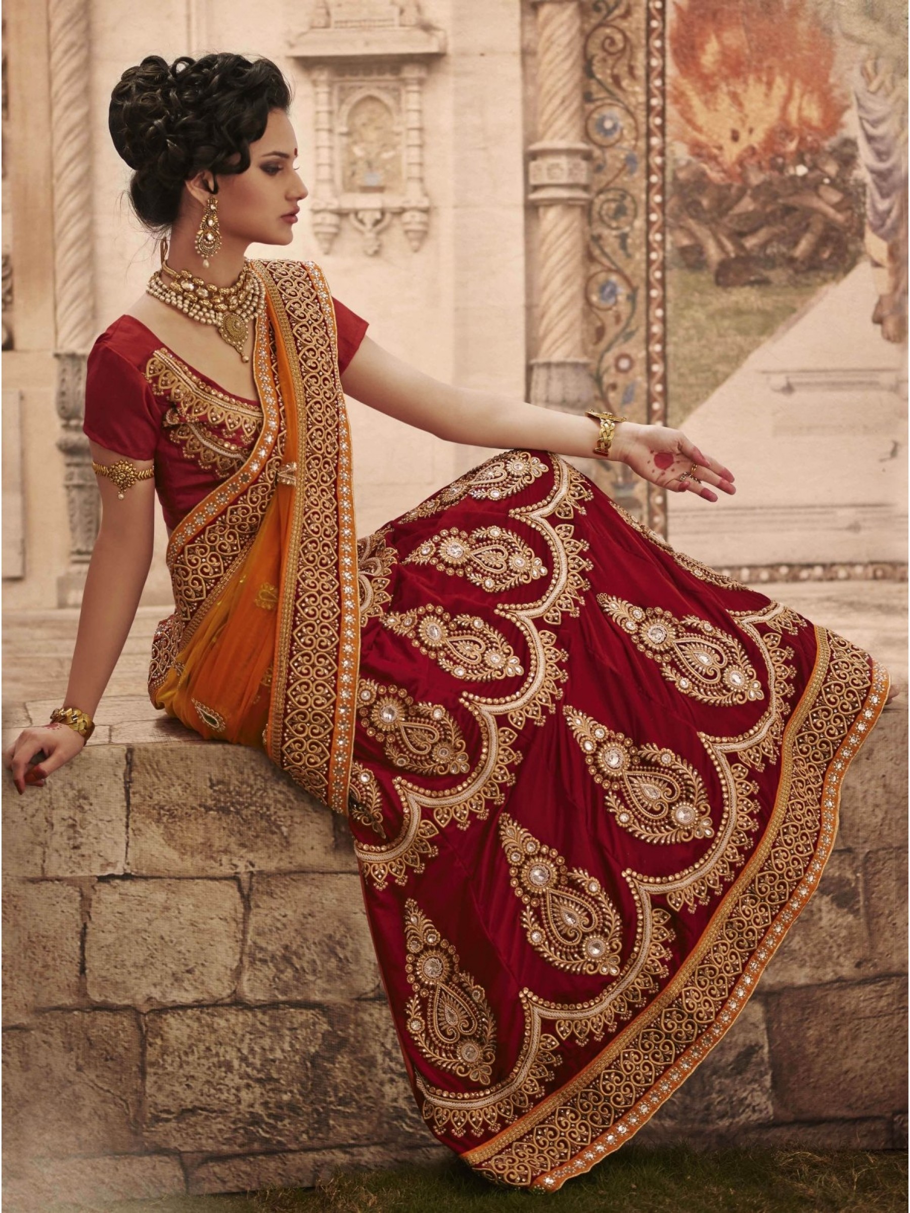 Pure Micro Velvet Wedding Wear Lehenga Saree In Red With Embroidery & Crystals Stone Work