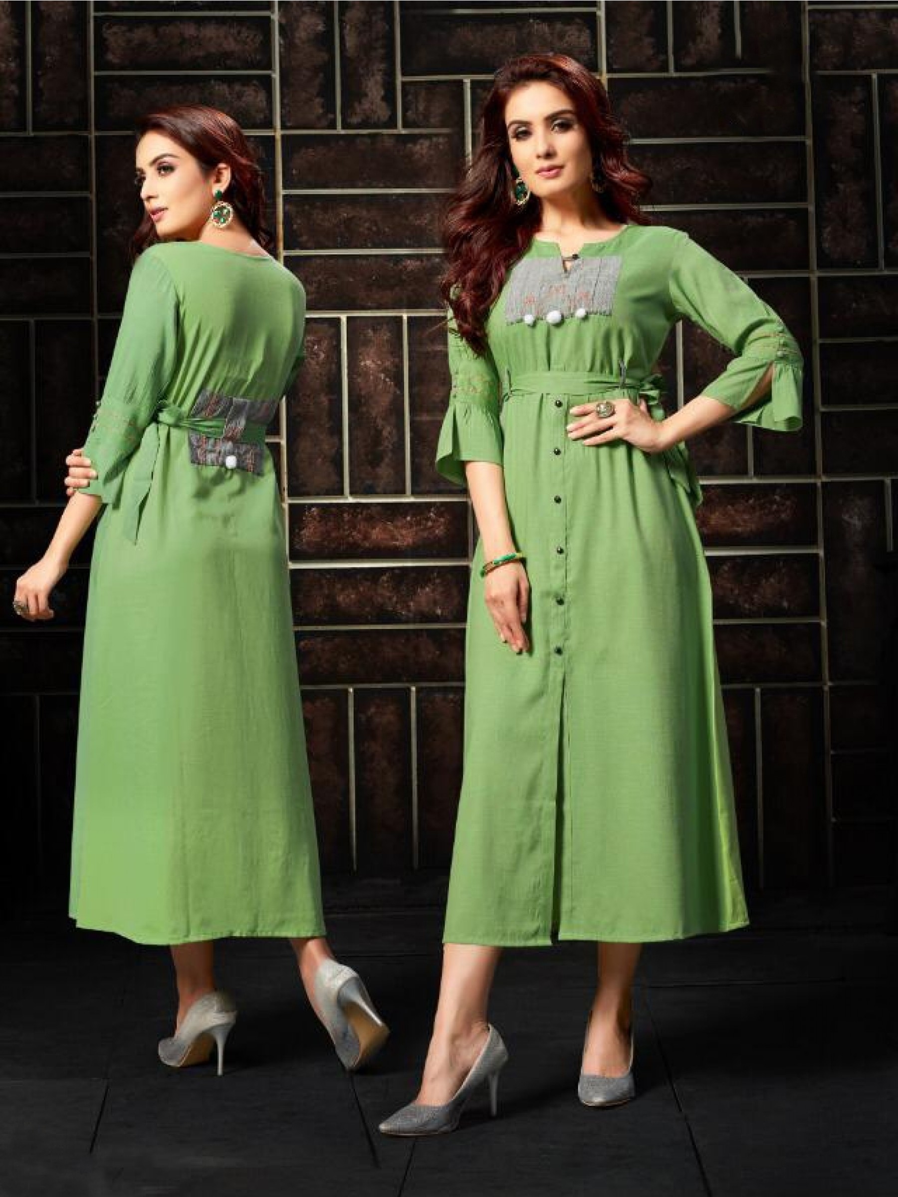  Rayon Fabrics Long Kurti In Green Color 