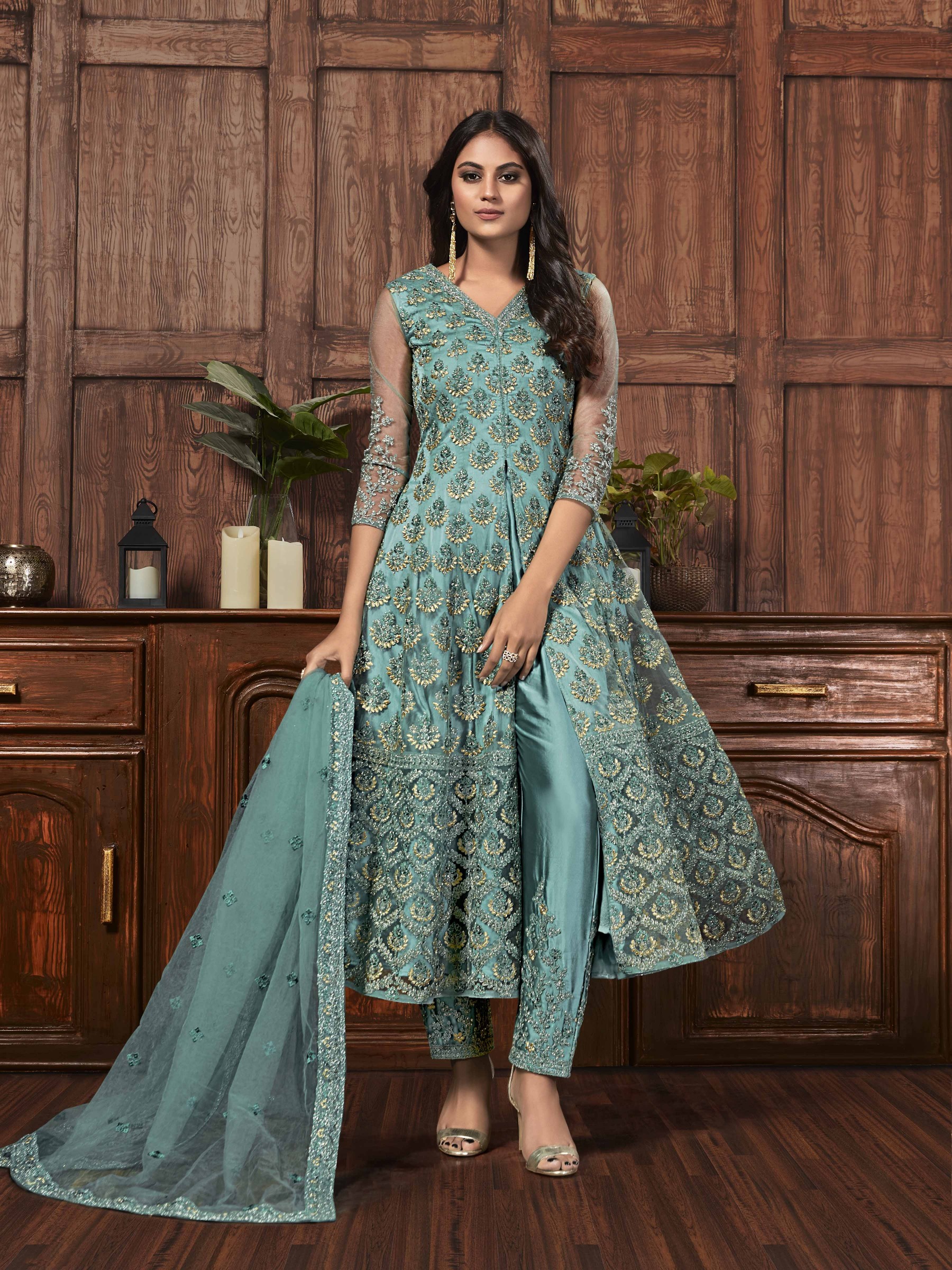Butterfly Net Fabric Party Wear Readymade Suit In Turquoise Color With Embroidery 