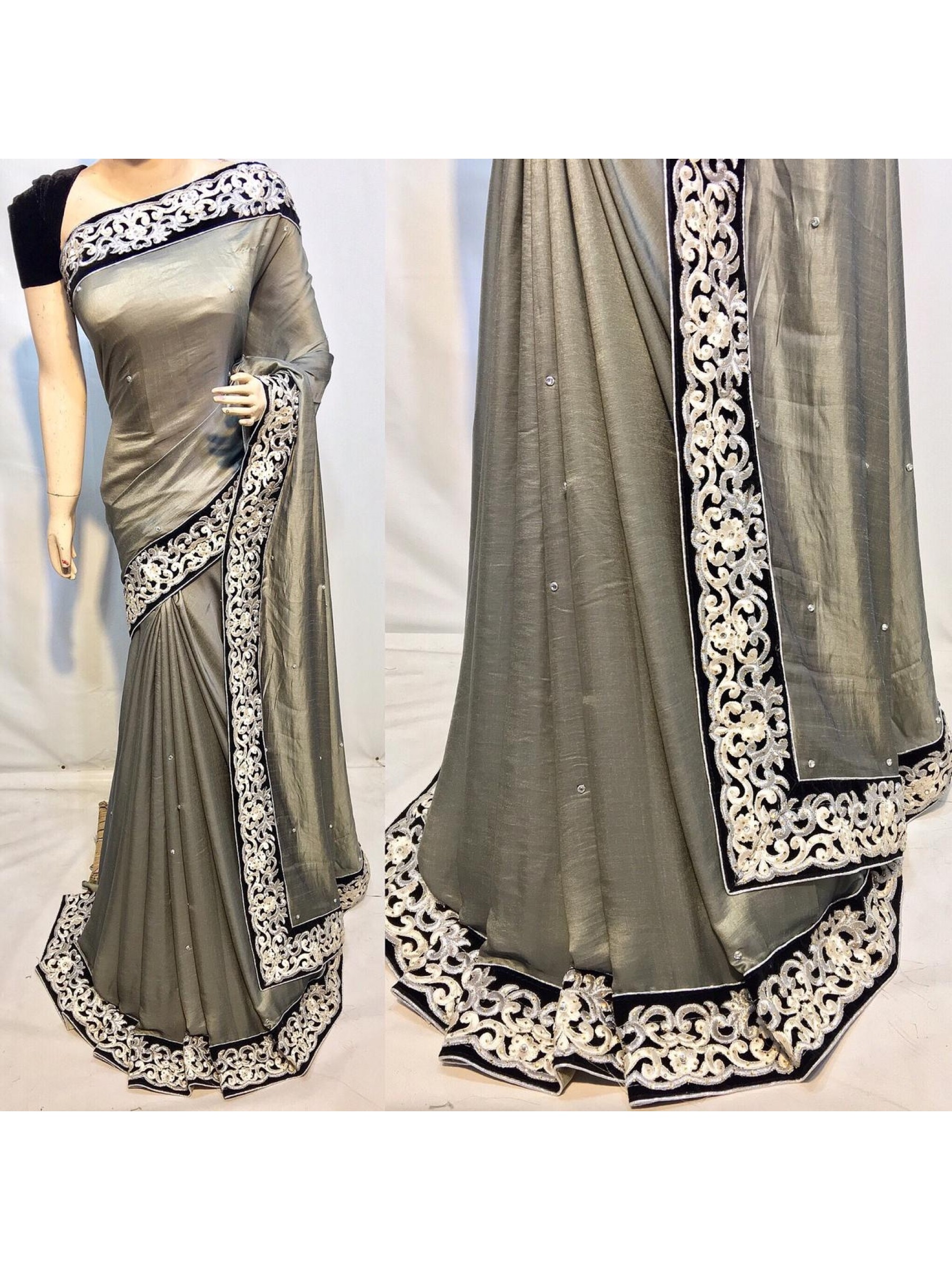 Satin Silk Party Wear Saree In Grey With Embroidery Work