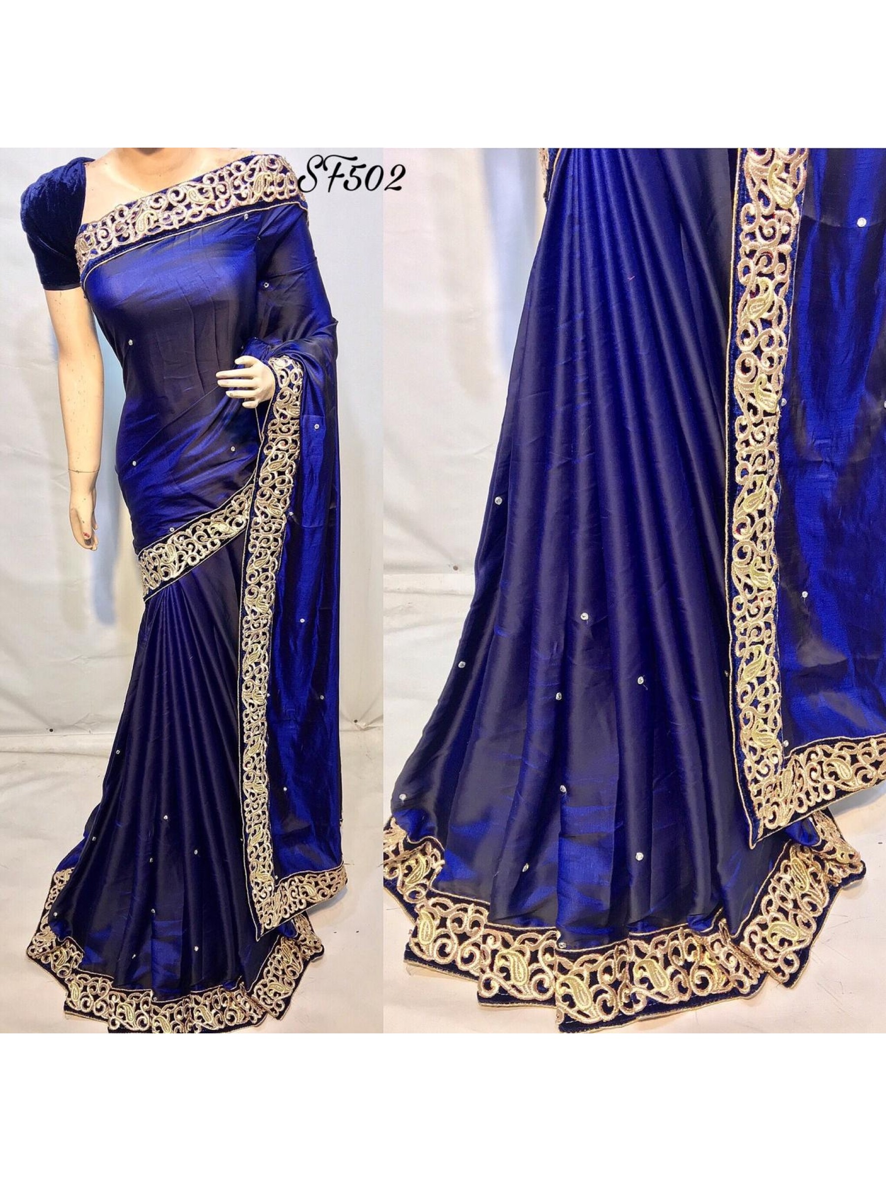Satin Silk Party Wear Saree In Blue With Embroidery Work
