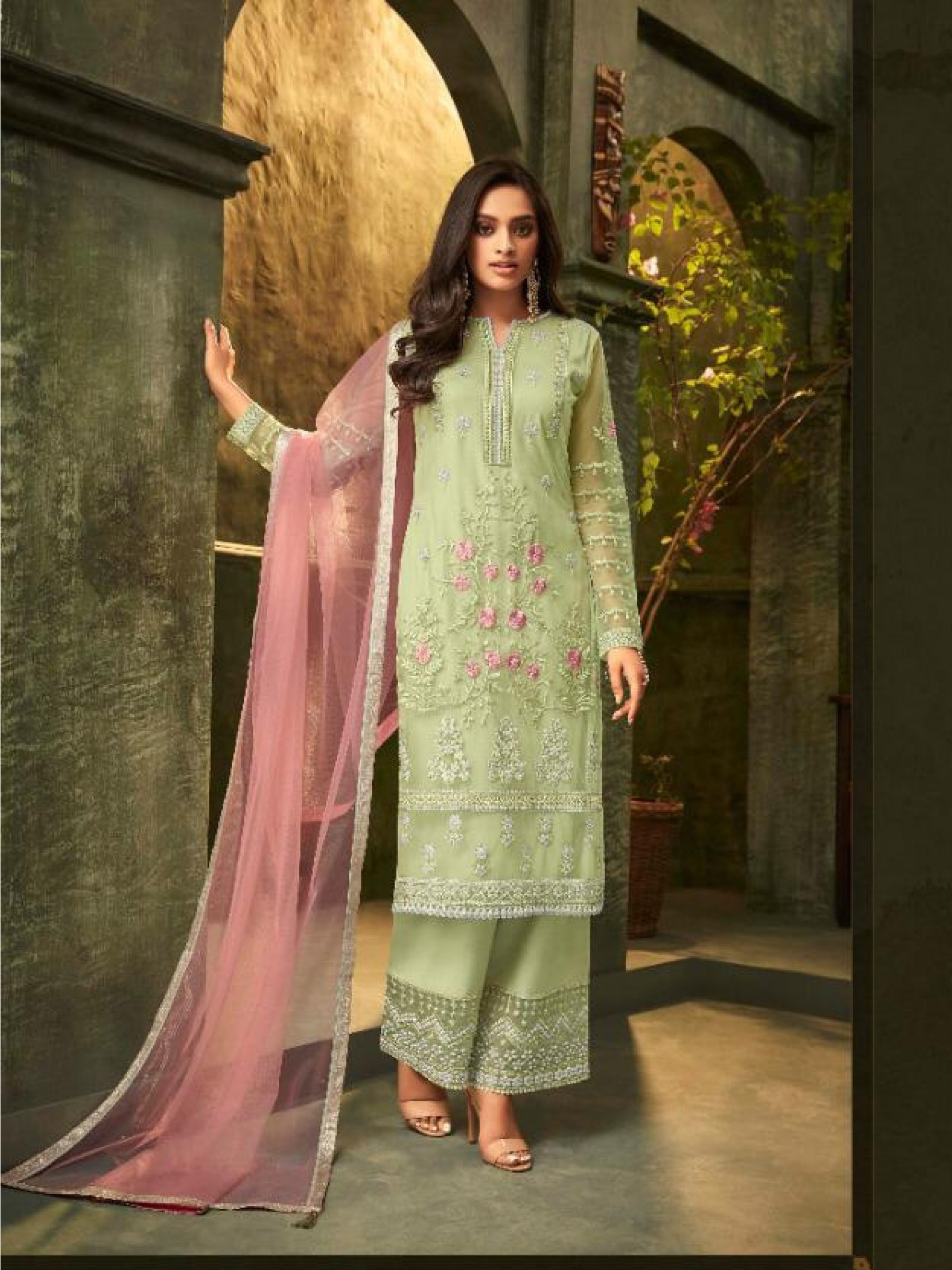 Mono Net  Party Wear Readymade Suit In Green Color With Embroidery 
