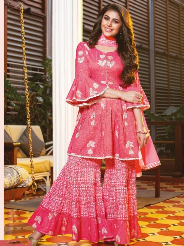 Mul Cotton Party Wear Sharara  in  Pink  Color 