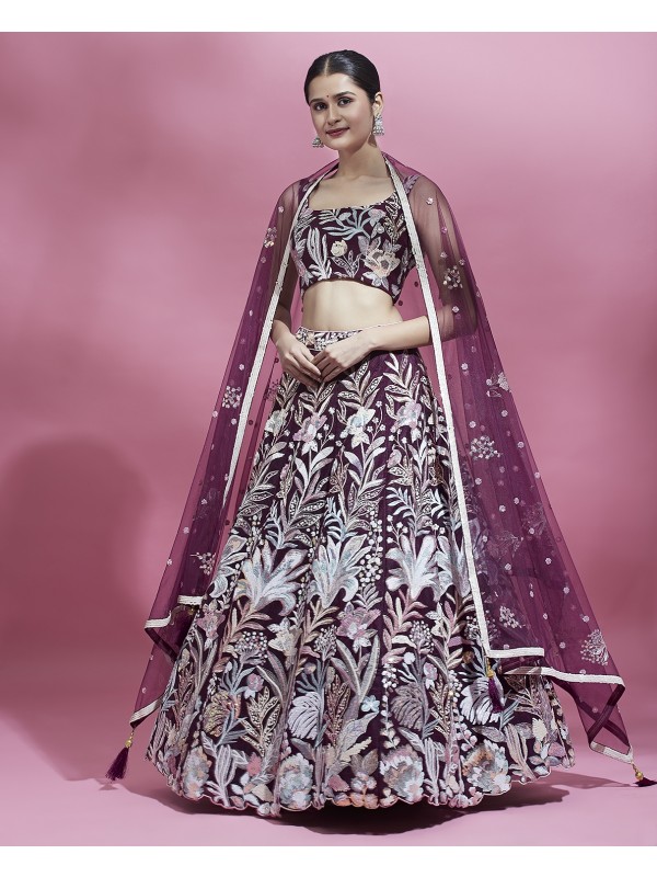 Soft Premium Net Party Wear Wear Lehenga In Burgundy Color With Embroidery Work 