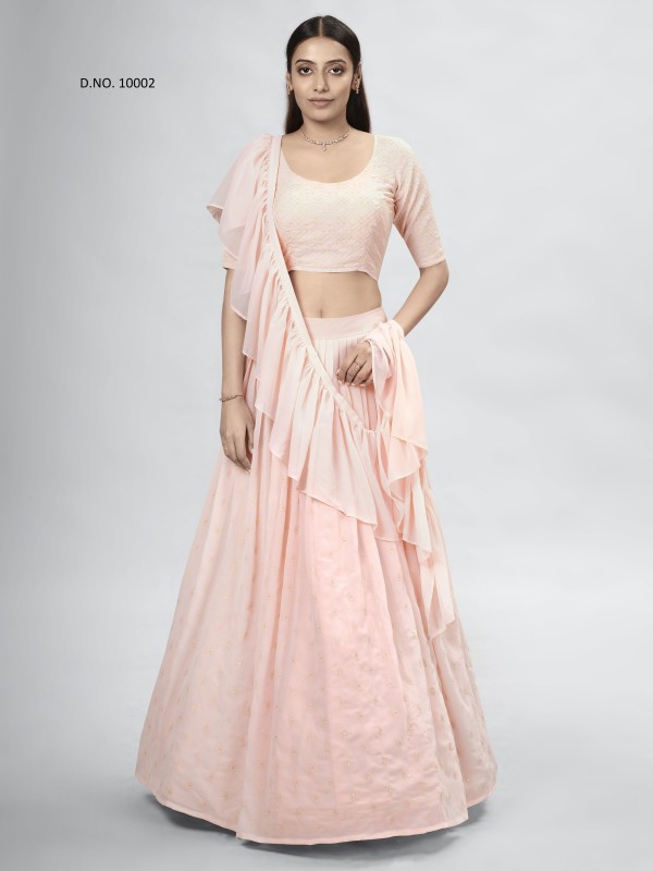 Georgette  Party Wear Lehenga In Peach With Embroidery Work